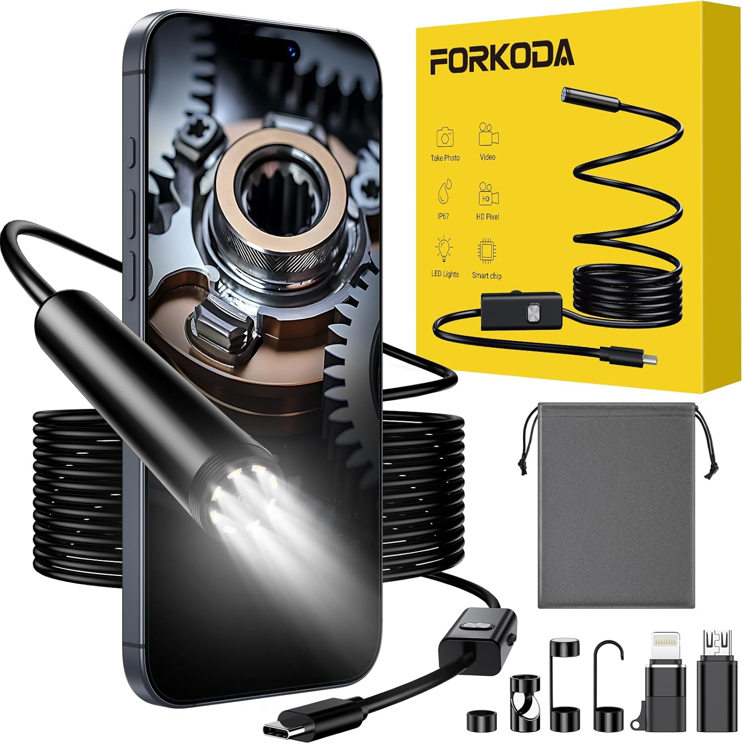 FORKODA Endoscope Inspection Camera - 1920 HD Flexible Rigid Snake Inspection Ca...