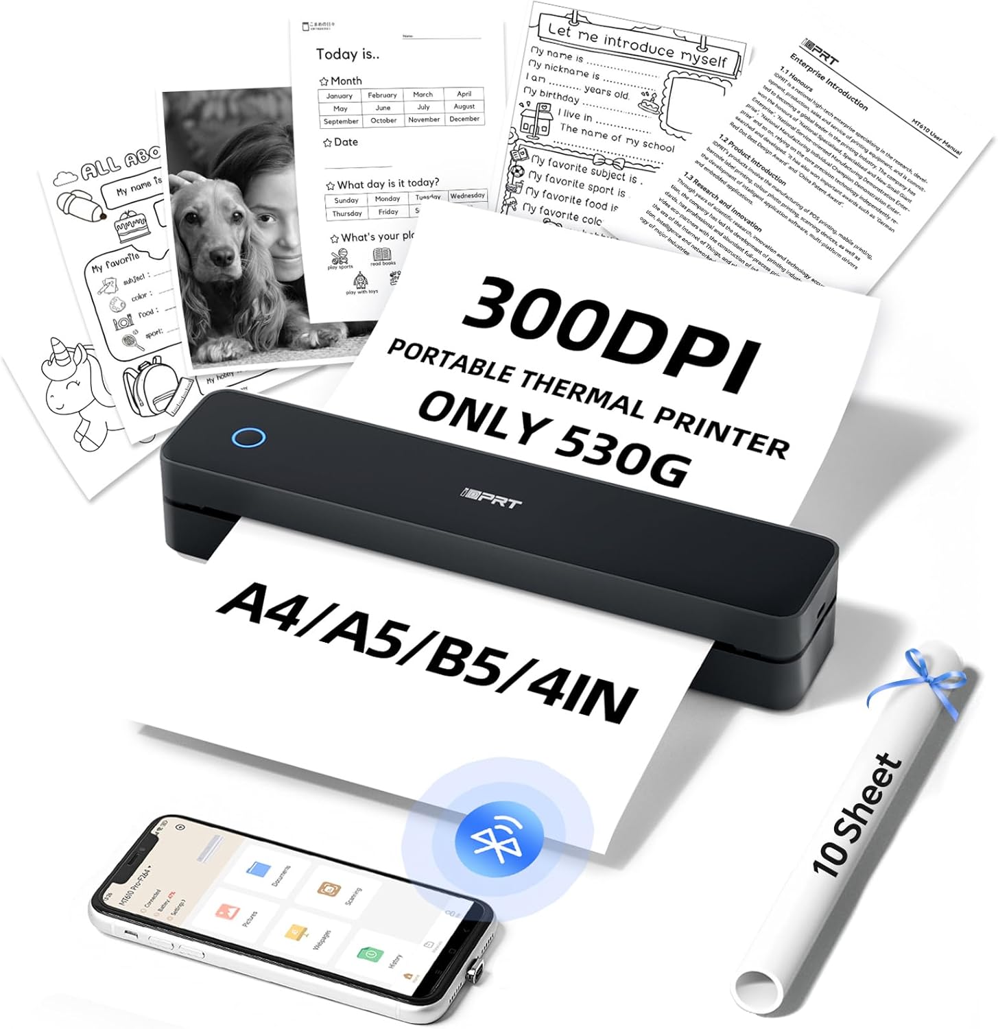 iDPRT MT610pro Portable Thermal Printer for Travel, 300DPi A4 Small Wireless Pri...