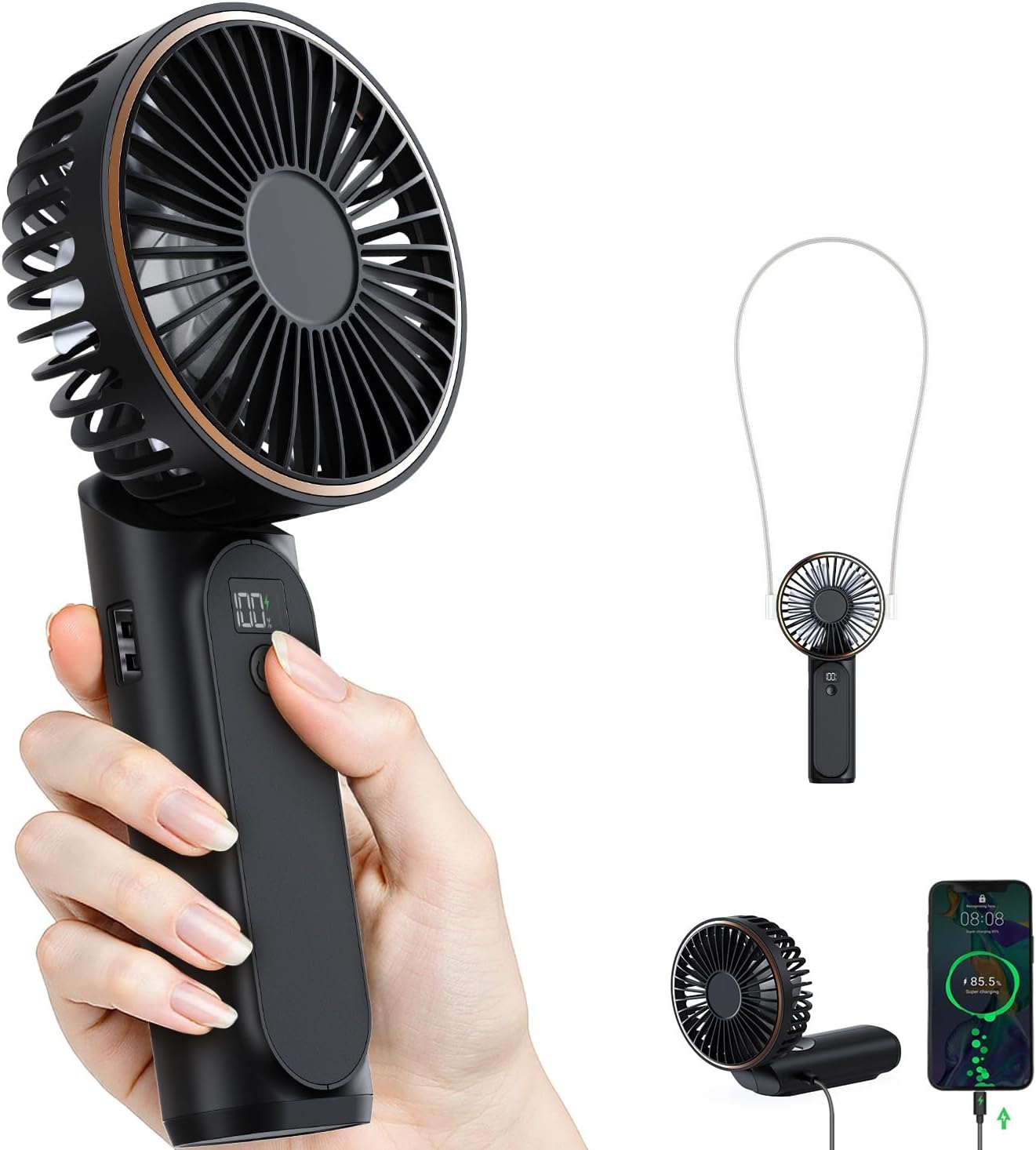 Portable Handheld Fan, 4000mAh, 180 Adjustable, 6 Speed Wind, Display Electricit...