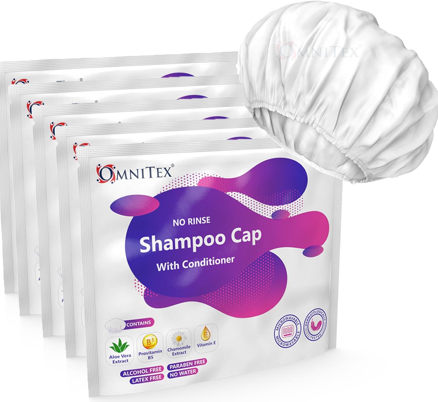 5pk - Omnitex Premium Rinse Free Shampoo Cap - Microwaveable | With Conditioner...