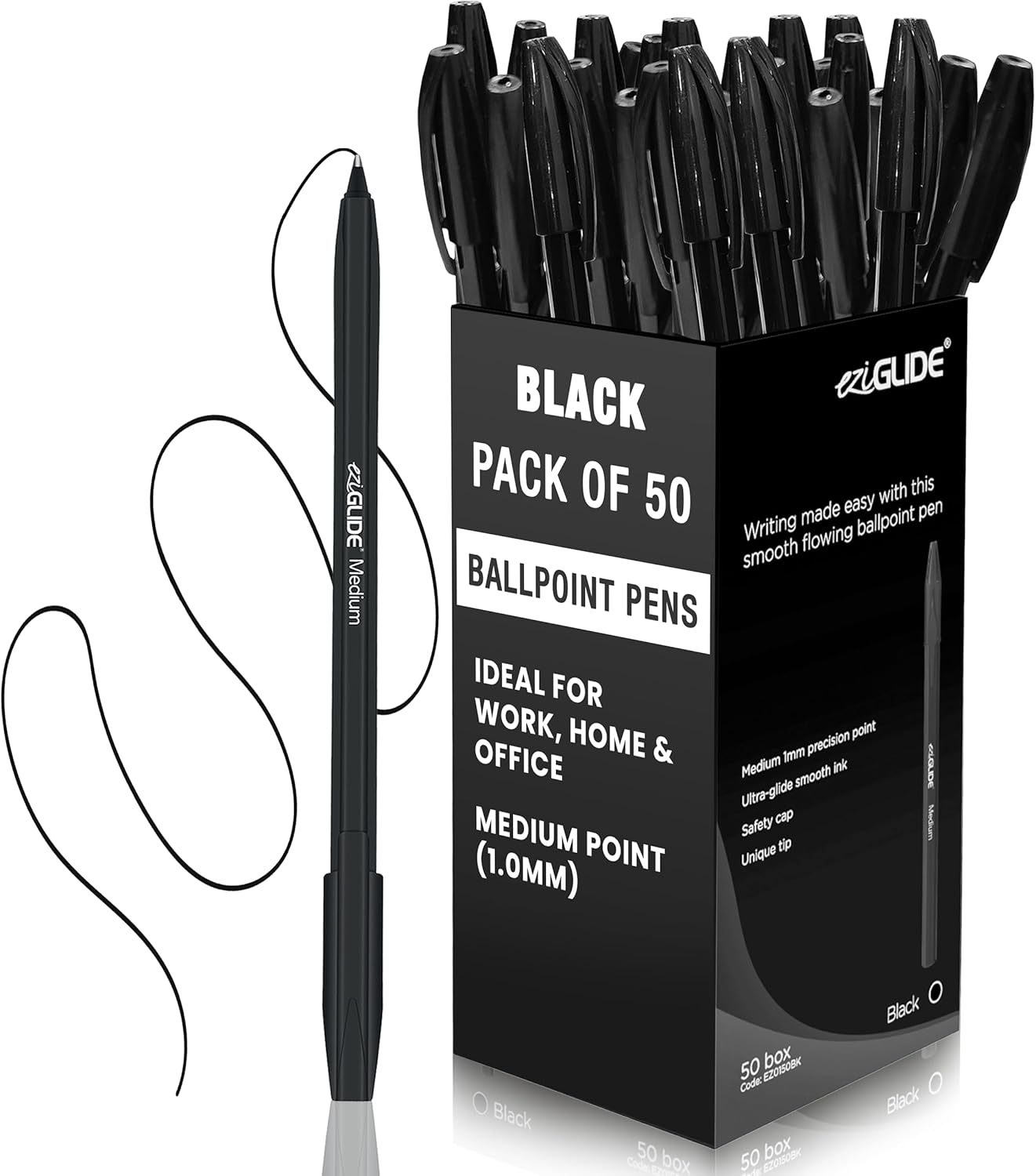 Eziglide Ballpoint Pens Black Ink 50-Pack – Black Biro Pens Multipack with Mediu...