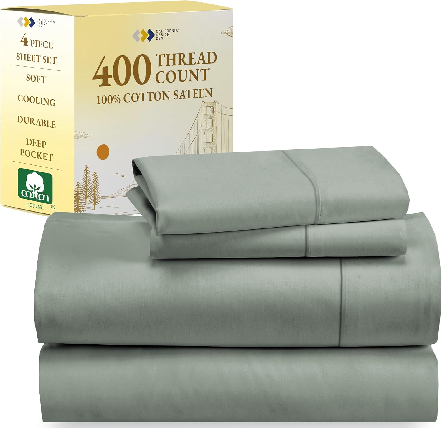 California Design Den Full Size Bed Sheets Set - Soft 400 Thread Count Sateen, N...