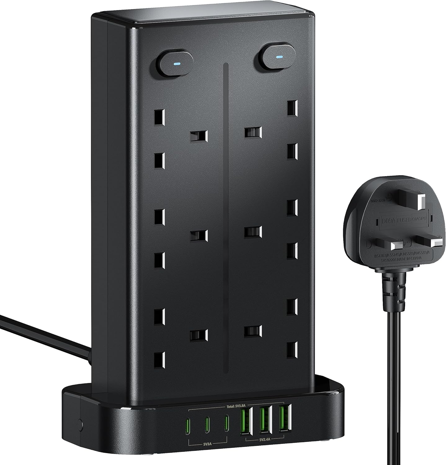 Tower Extension Lead with USB C Slots, 12 Way Multi Plug Socket Extension with 6...
