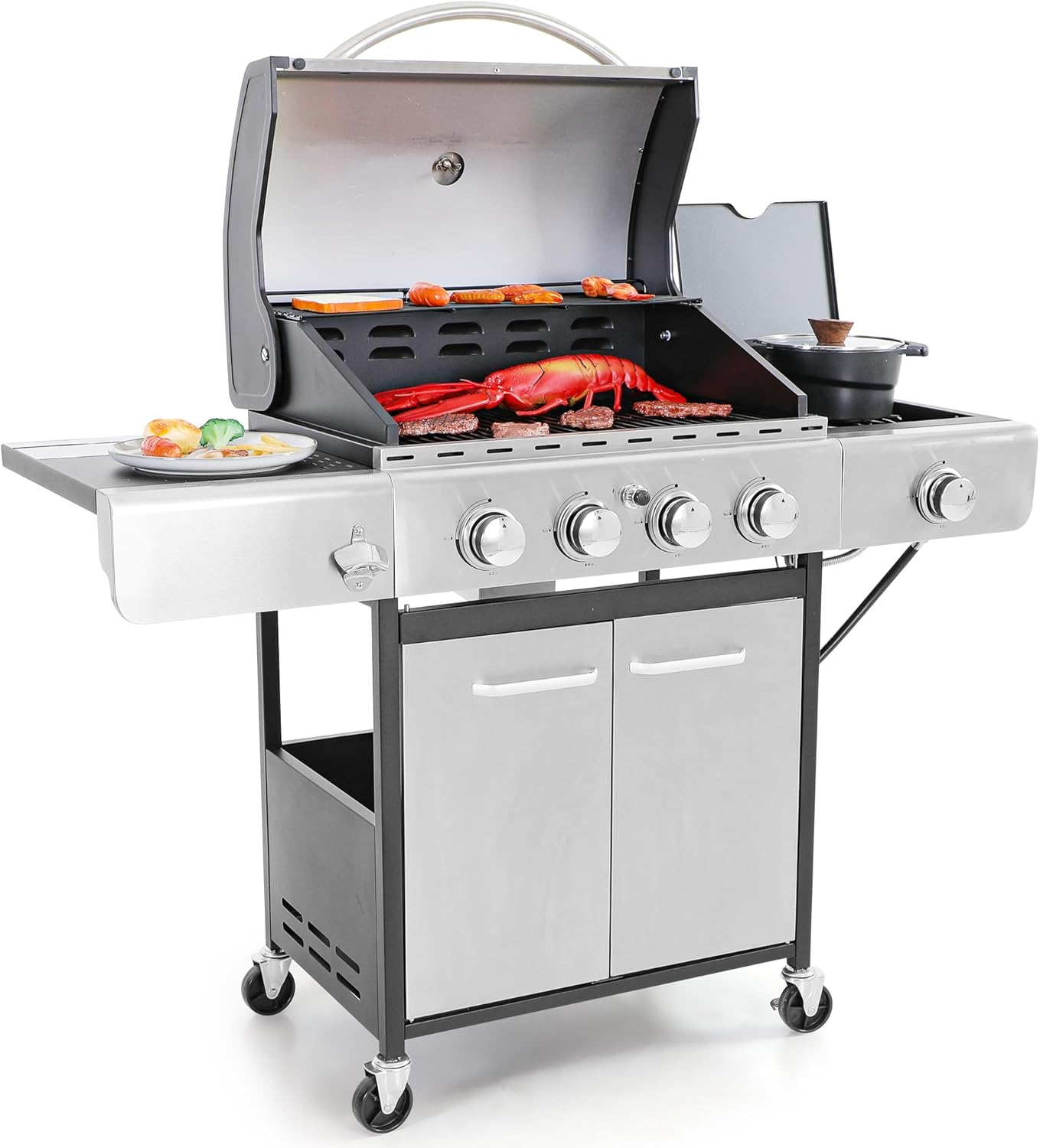 Captiva Designs 4-Burner Propane Gas BBQ Grill with Side Burner & Porcelain-Enam...