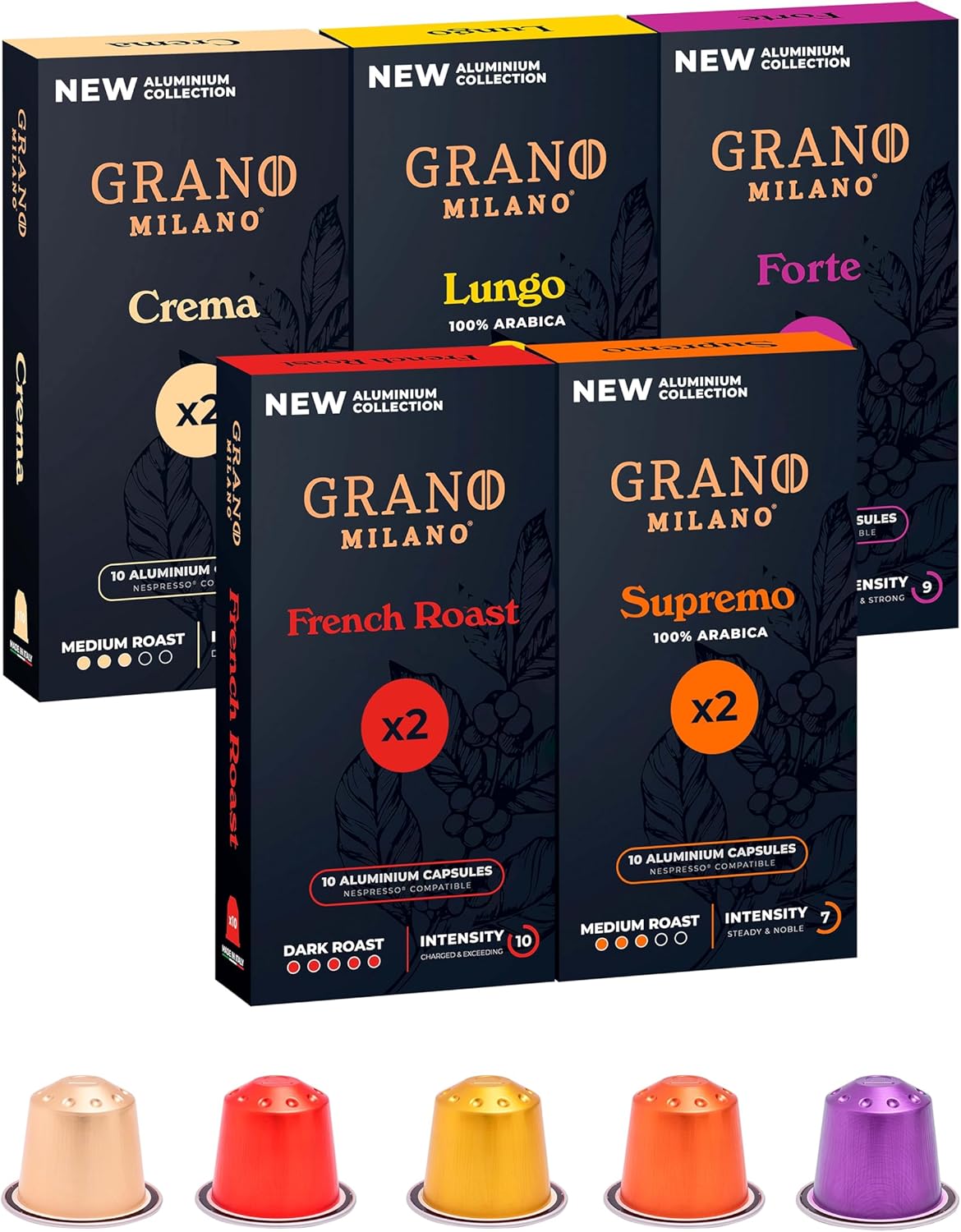 New Grano Milano Variety Pack Coffee Capsules - 100 Aluminium Coffee Pods Compat...