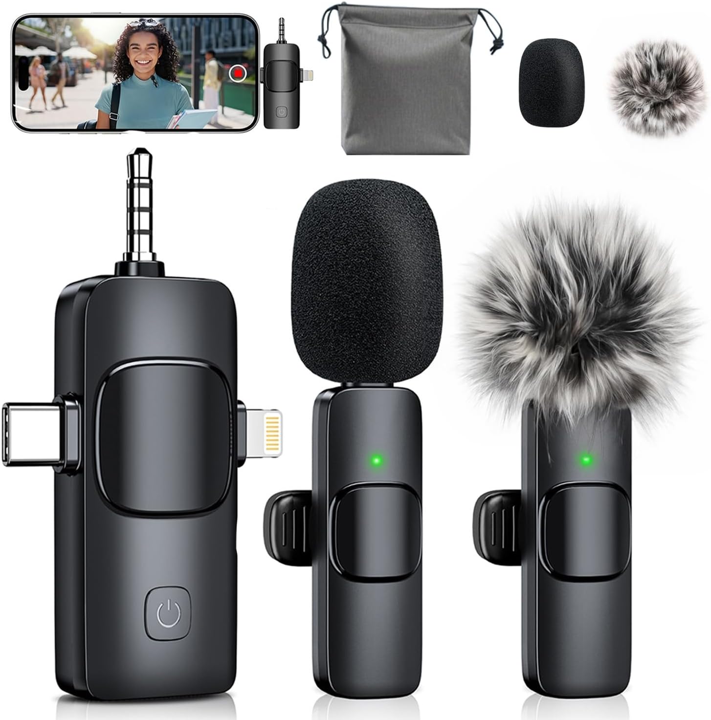 MENERESAS Mini Microphone for iPhone/Android: 3-in-1 Wireless Lavalier Microphon...