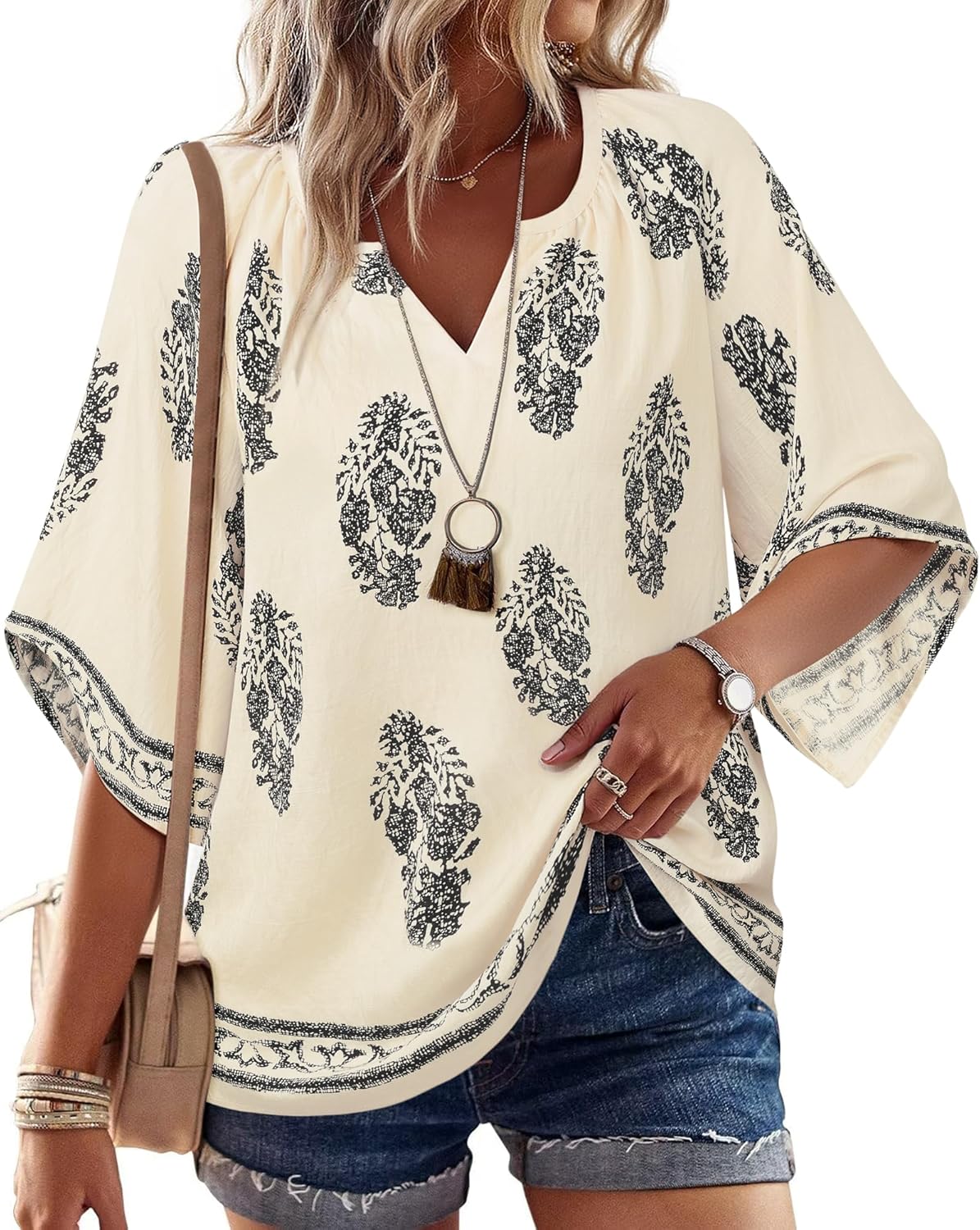 Bebonnie Womens Tunic Tops, Special 3/4 Sleeve V Neck Blouses, Innovative Bohemi...