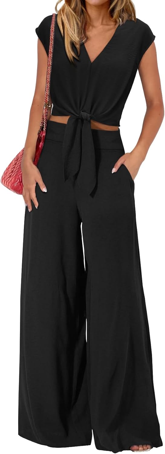 PRETTYGARDEN Women's Summer 2 Piece Outfits 2025 Cap Sleeve V Neck Belted Crop T...