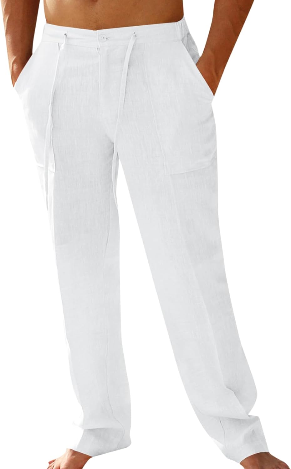 PASLTER Mens Casual Linen Pants Loose Fit Elastic Drawstring Waist Straight-Legs...