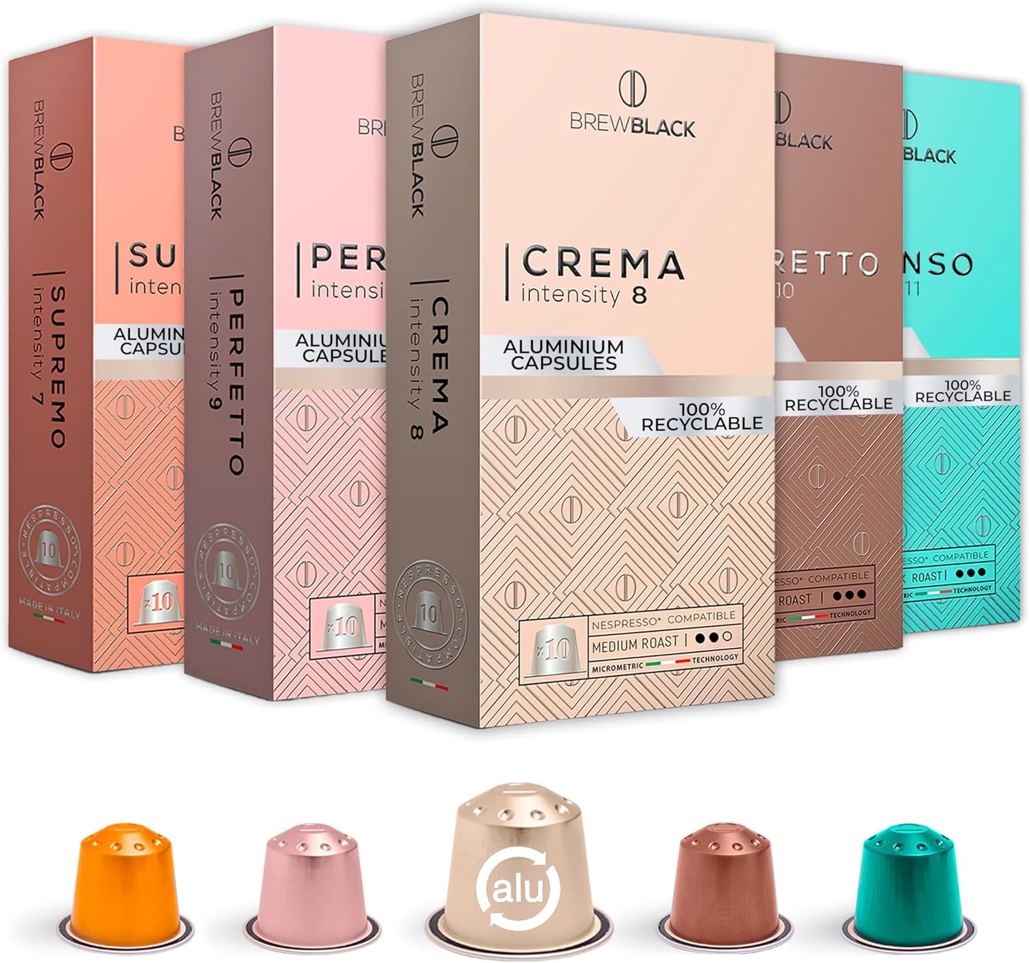 BrewBlack Variety Pack Coffee Capsules - 50 Aluminium Coffee Pods Compatible wit...