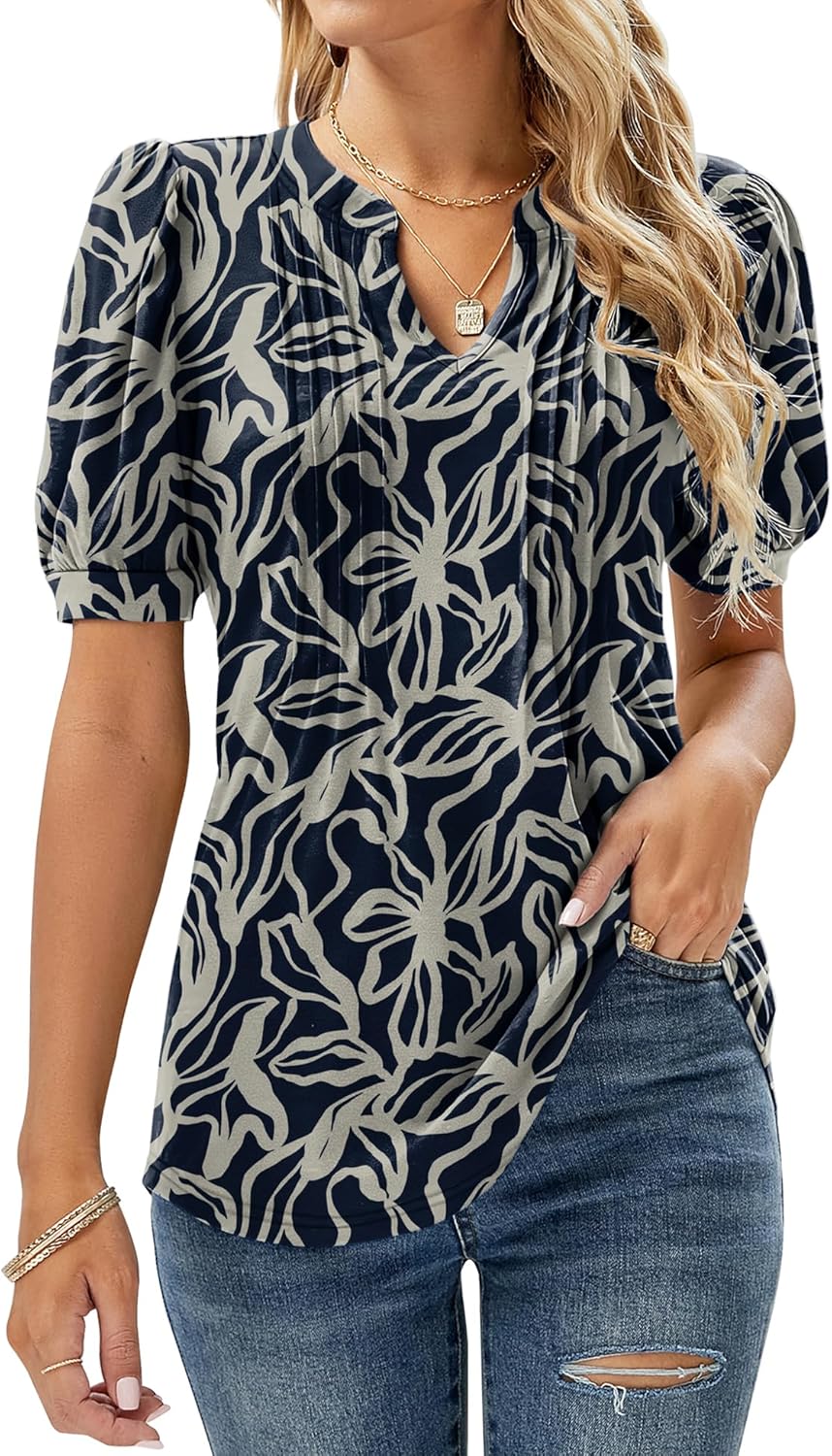 Stylish EFFAN Womens V Neck Tops, Trendy T-Shirt with Puff Short Sleeves, Unique...