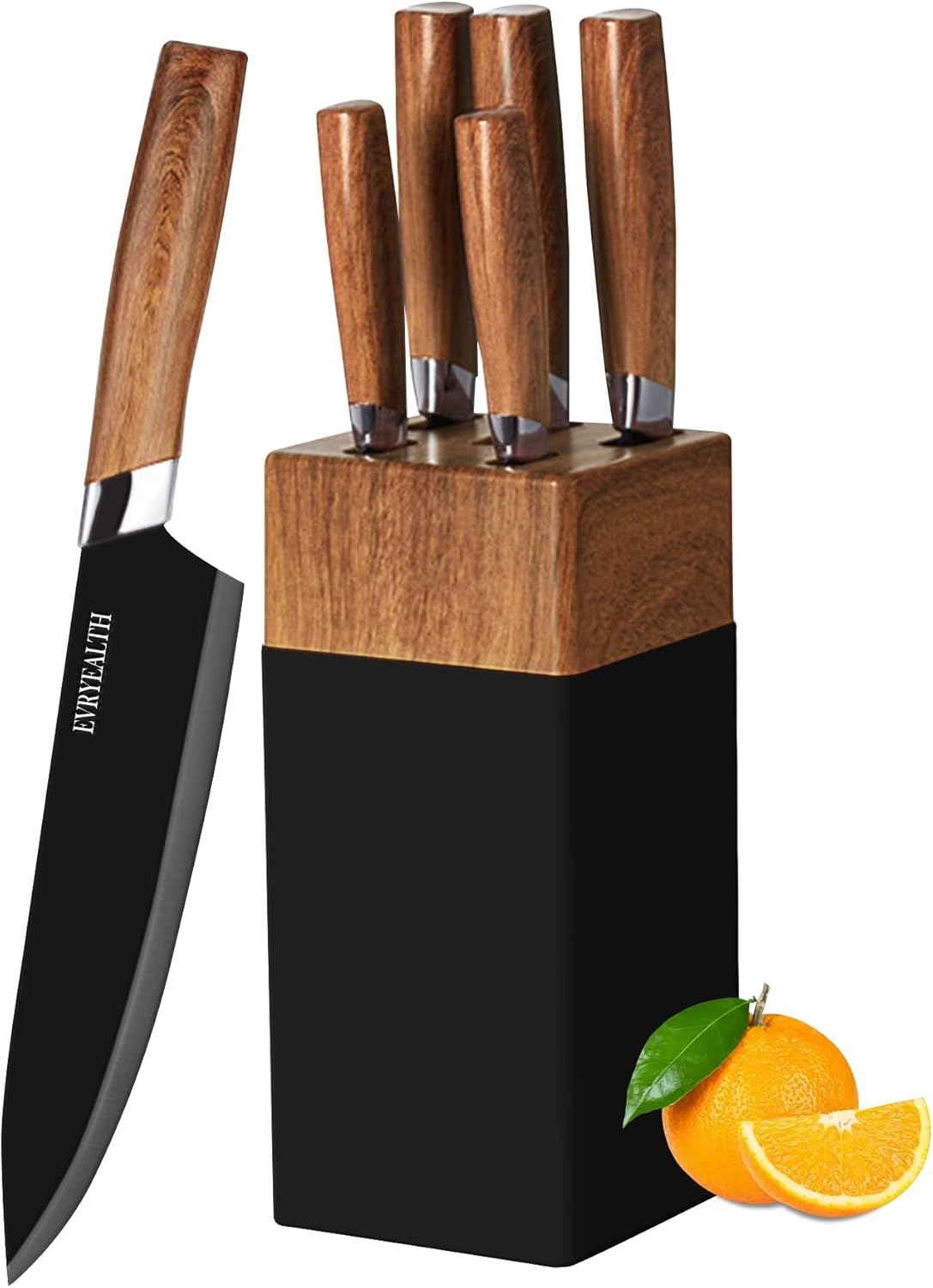 lapelux Kitchen Knife Set - 5 Piece Knife Set with Block, Wood Grain Handle, Sta...