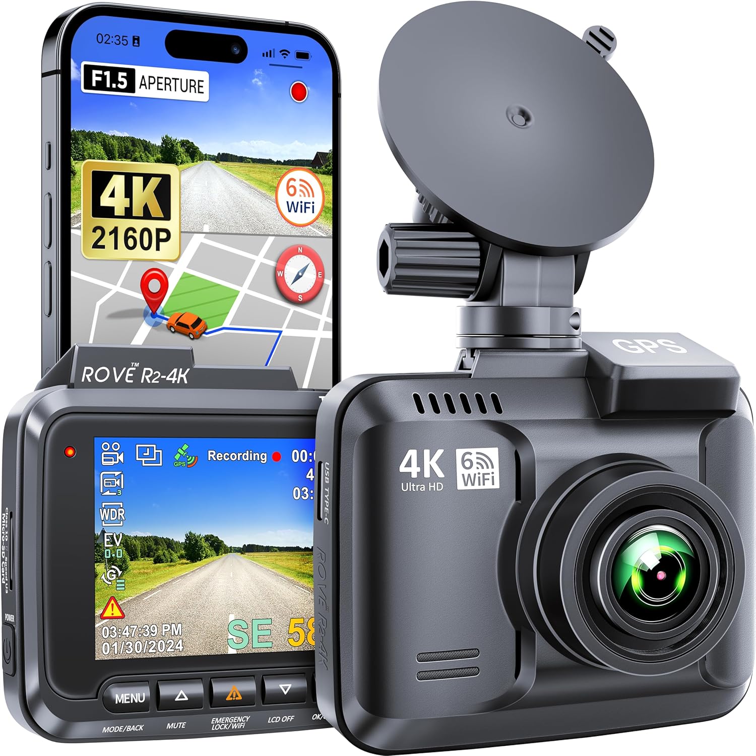 ROVE R2-4K Dash Cam Built-in WiFi 6 GPS Car Dashboard Camera Recorder with UHD 2...