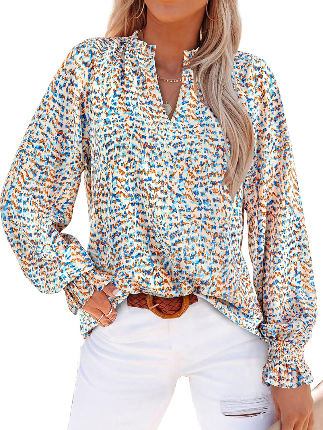 MASCOMODA Womens Tops, Unique V Neck Floral Long Sleeve Tops for 2025 Summer, Sp...