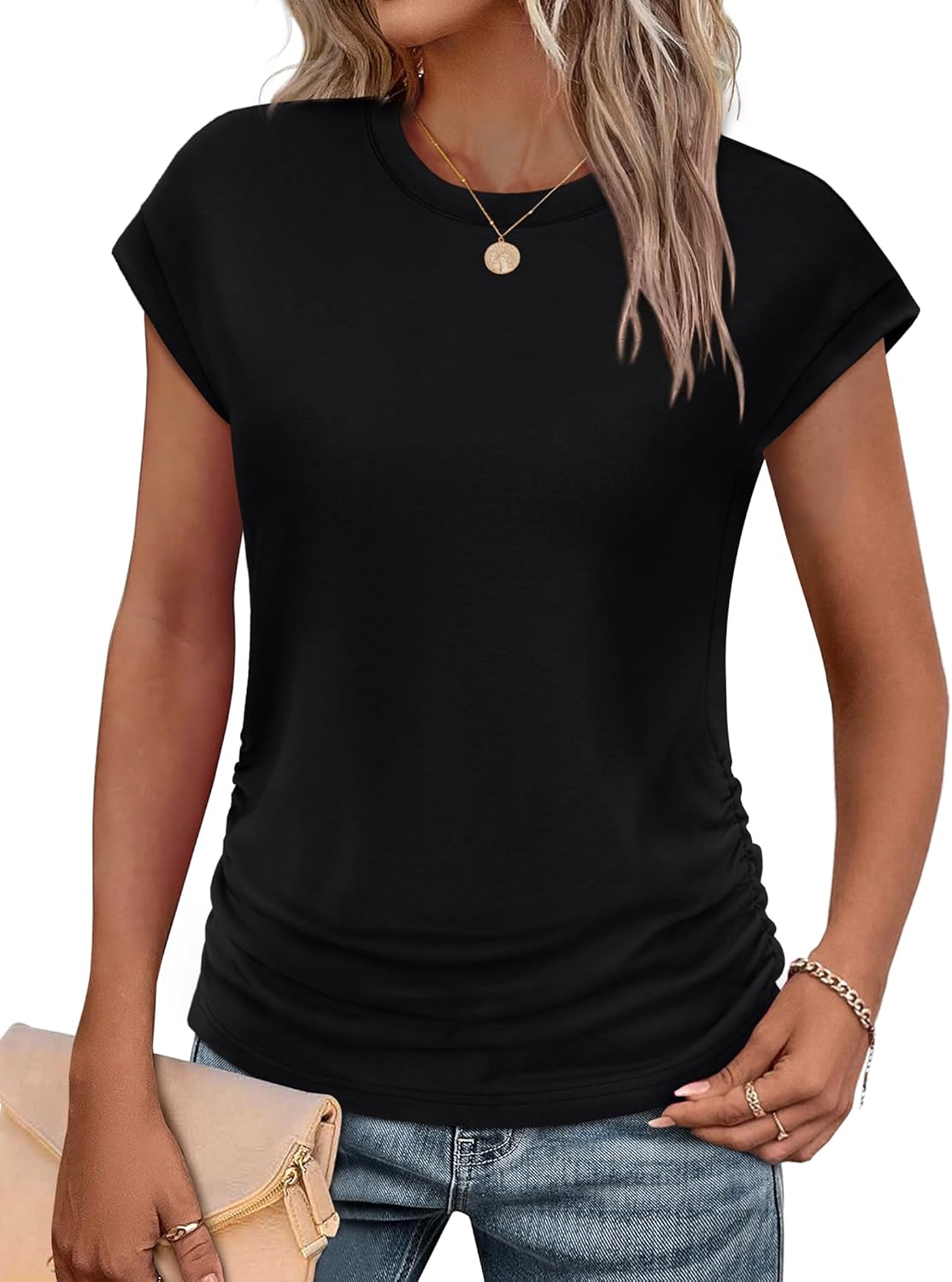 SAMPEEL Womens Summer Tops Trendy 2025 Ruched Cap Short Sleeve Tshirts Shirts Cr...