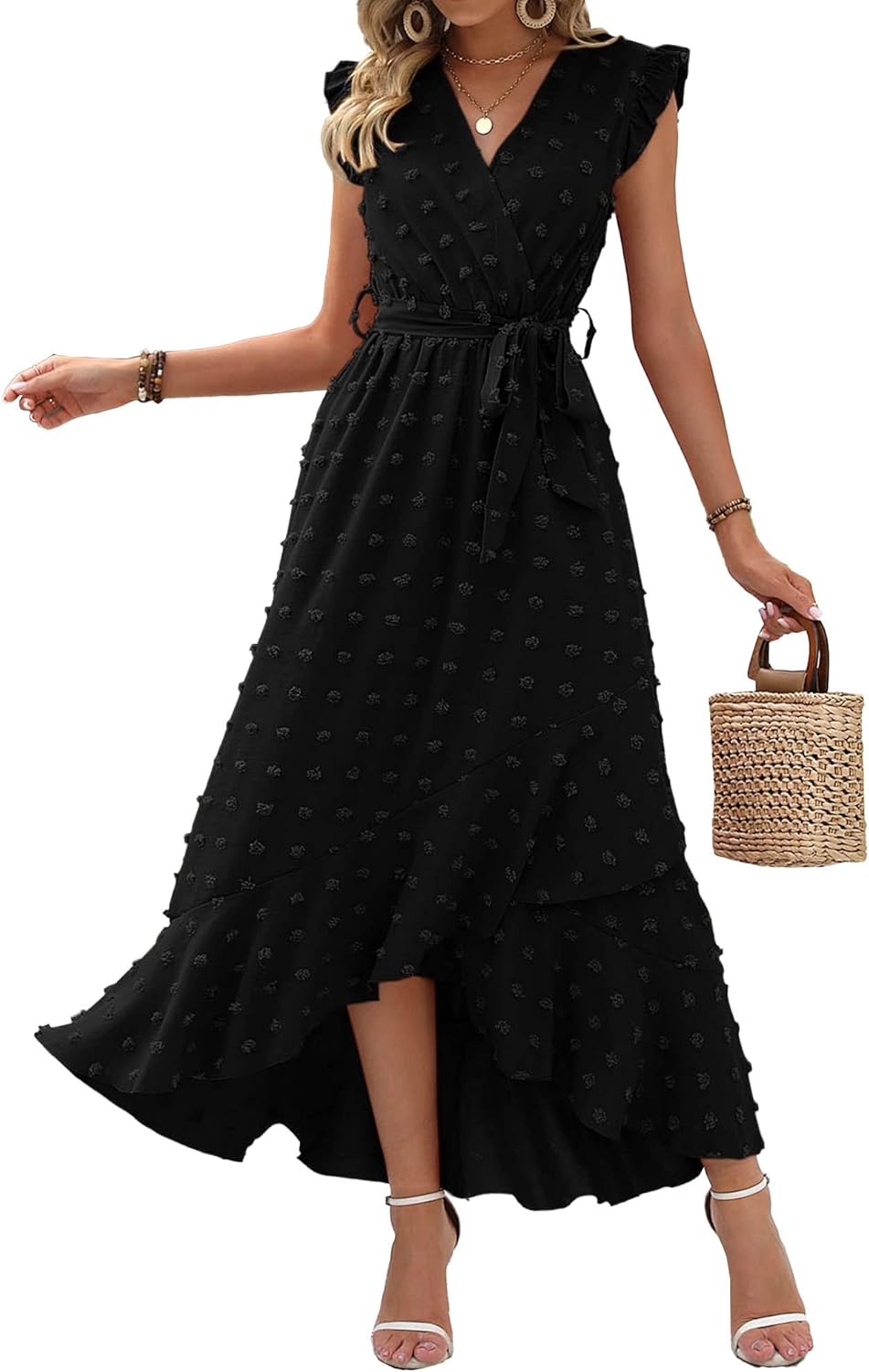 Trendy BTFBM Women V Neck Summer Dress, Unique Cap Sleeve Swiss Dot Dress, Styli...