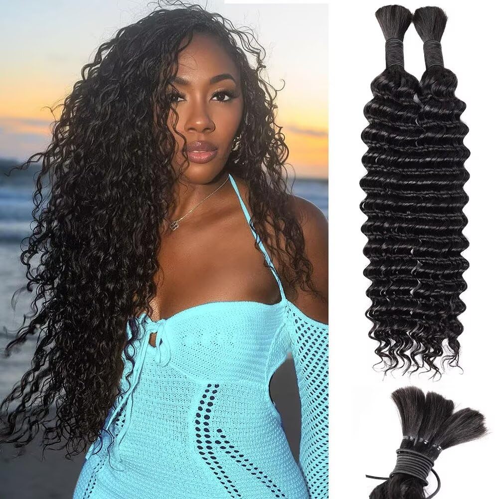 Human Braiding Hair, Premium 12A Deep Water Wave Bulk Human Hair, Superior Curly...