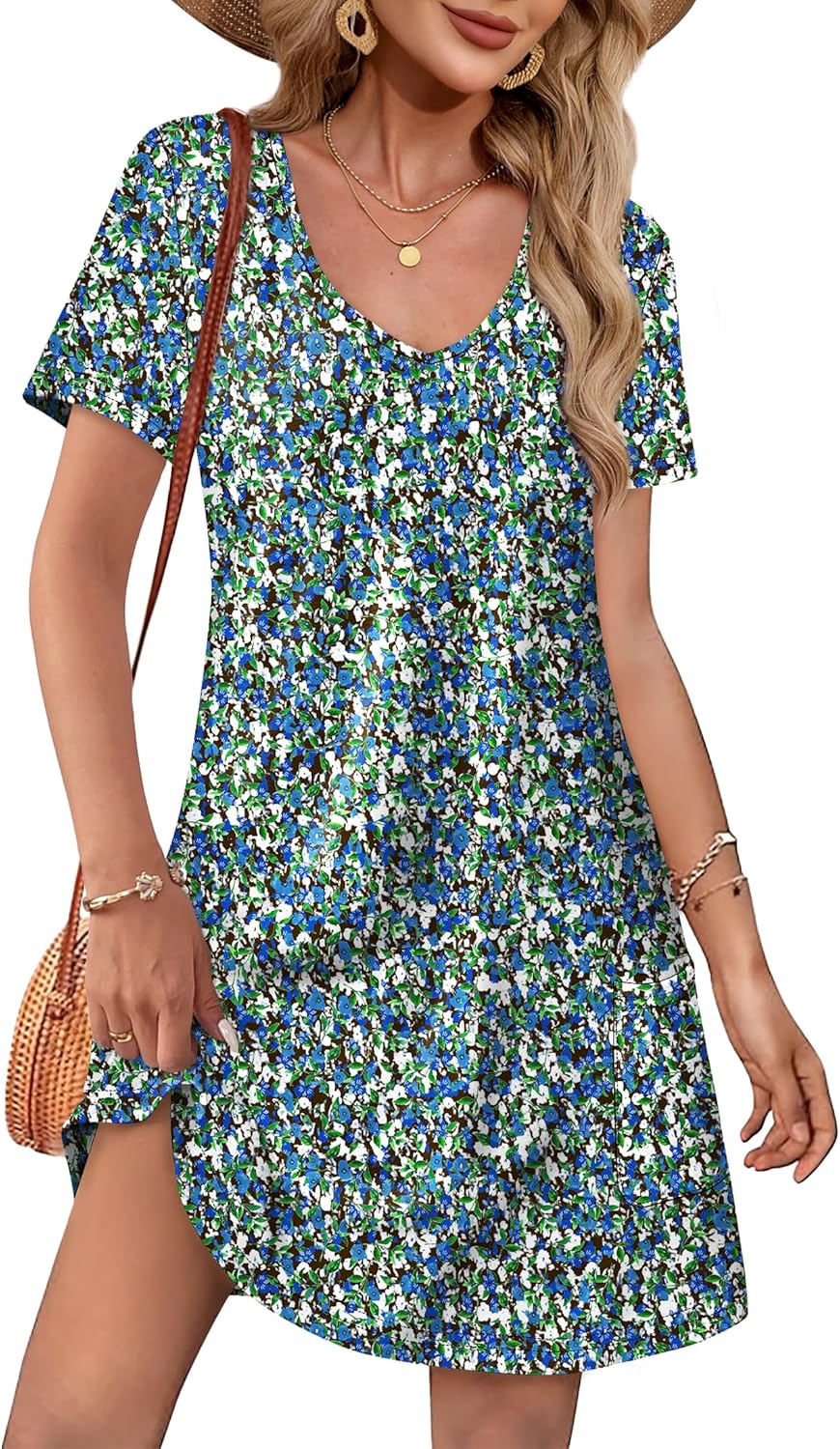 OFEEFAN Summer Dresses for Women 2025 Loose V Neck Short Sleeve Casual T Shirt D...