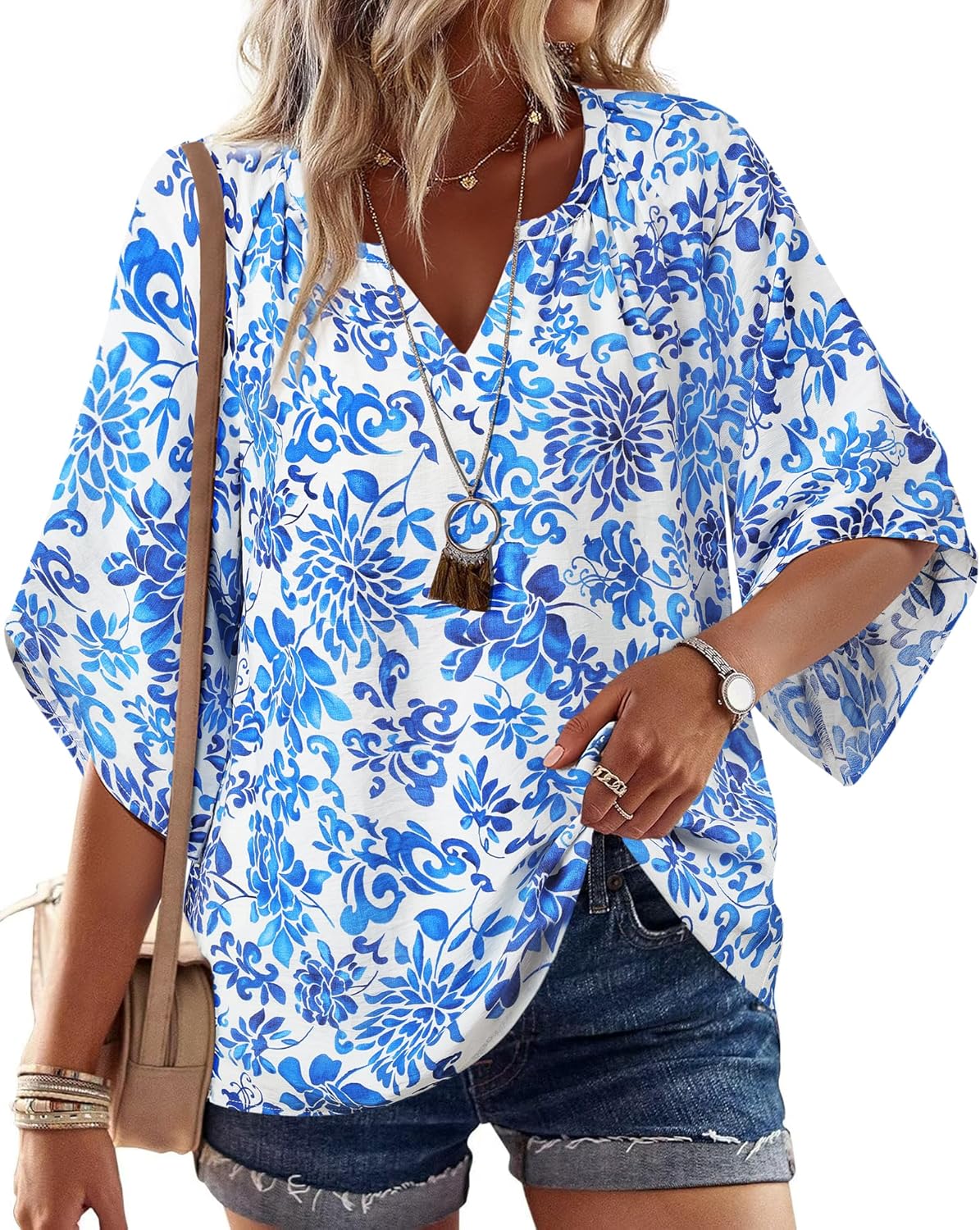 Bebonnie Womens Blouses, Special 3/4 Sleeve V Neck Wear, Innovative Bohemian Pea...