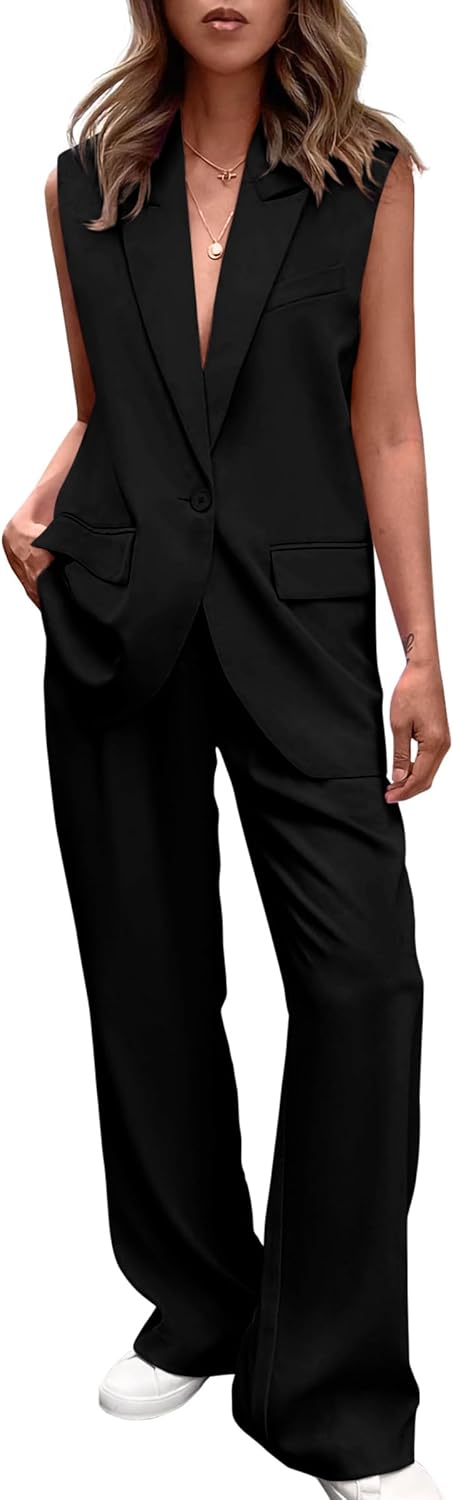 PRETTYGARDEN Women's 2 Piece Outfits Sleeveless Suit Vest and Wide Leg Pants Bus...