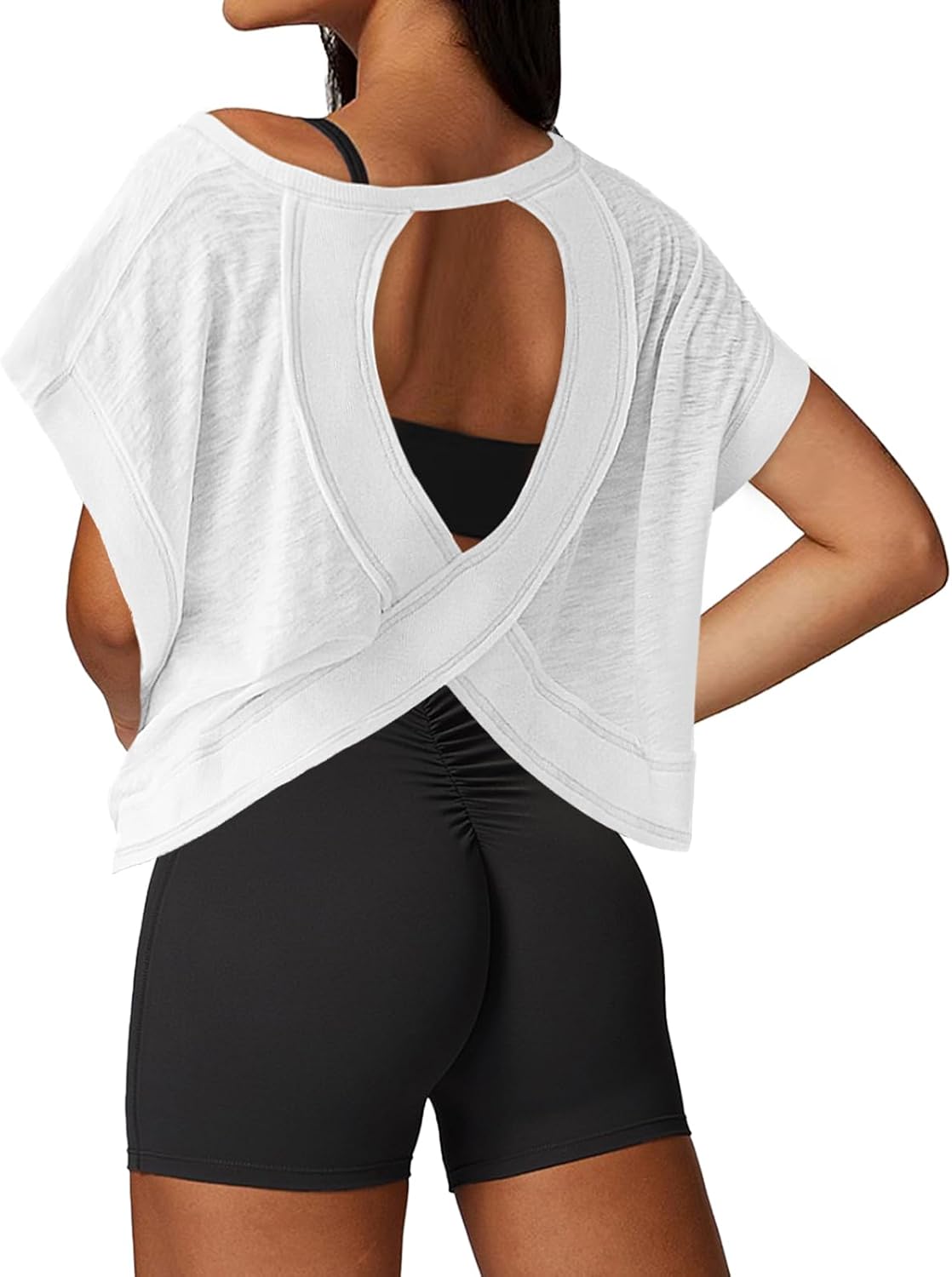 Open Back Workout Tops for Women Loose Fit Athletic Crop Tee Short Sleeve Gym Ru...