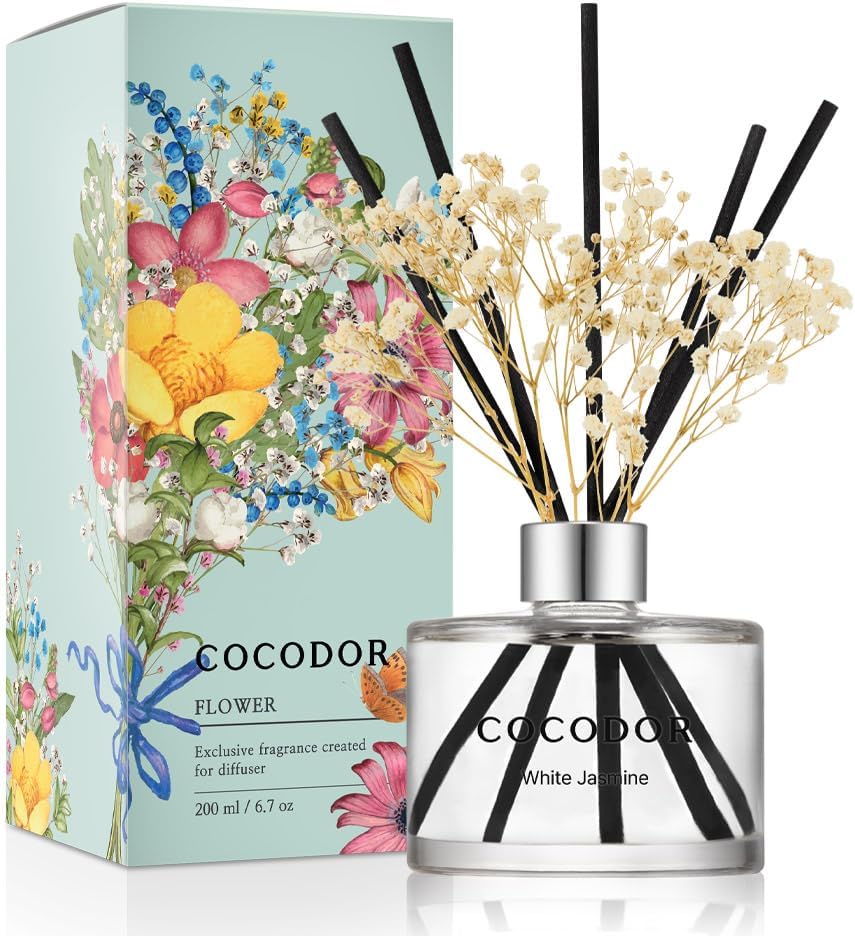 COCODOR Flower Reed Diffuser Set / 6.7oz / White Jasmine/Scent Diffuser with Sti...