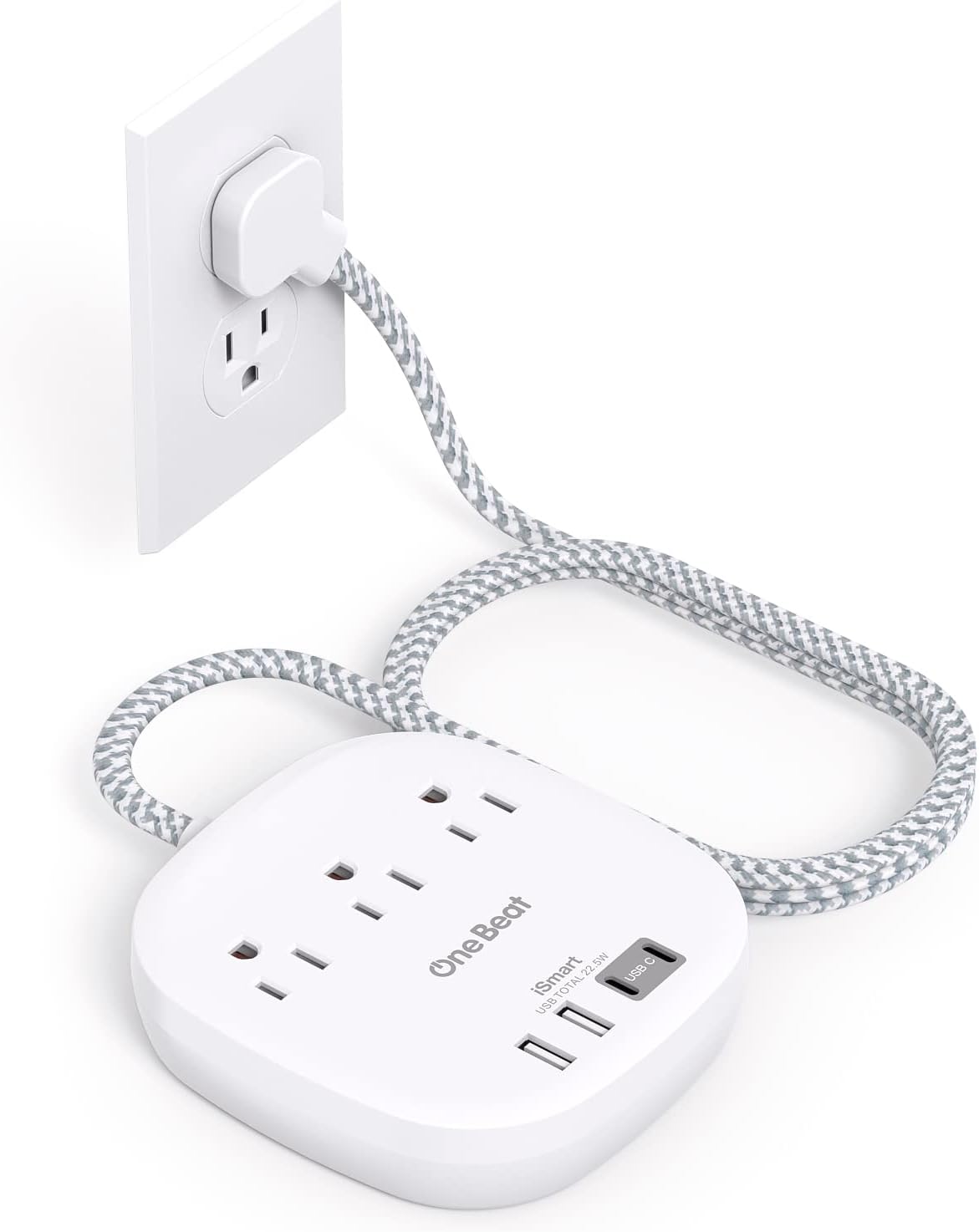 One Beat Flat Plug Power Strip, 5ft Flat Extension Cord, 3 Outlets 4 USB Ports (...