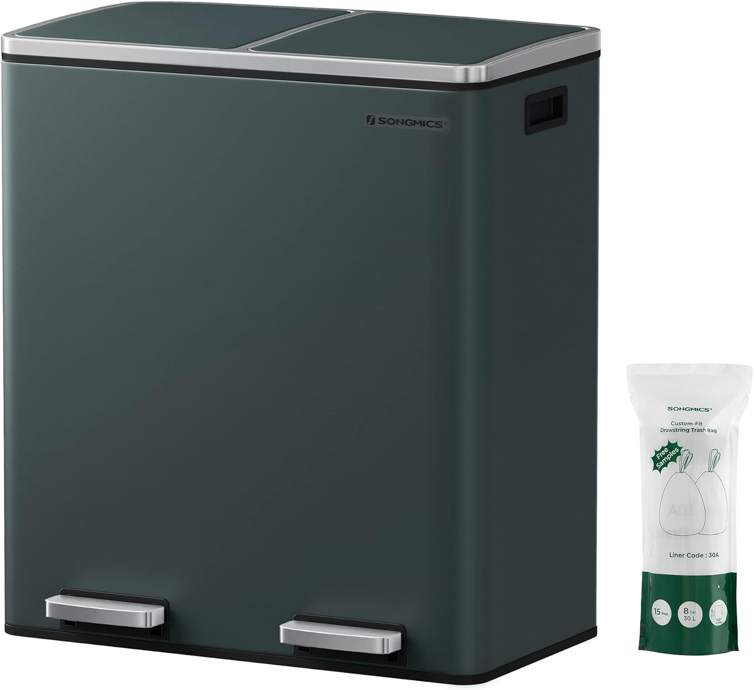 SONGMICS Dual Rubbish Bin, 2 x 30 L Recycling Bin with 15 Rubbish Bags, 2-Compar...