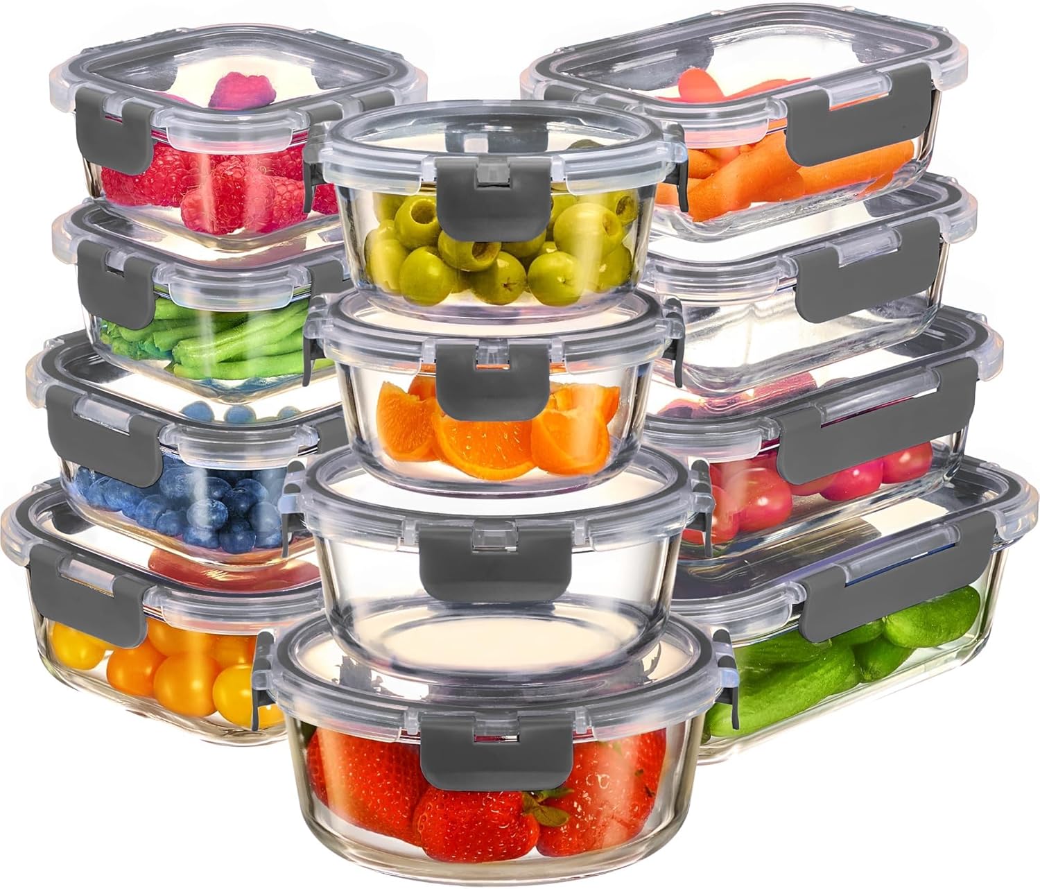 FineDine 24 Piece Glass Storage Containers with Lids - Leak Proof, Dishwasher Sa...