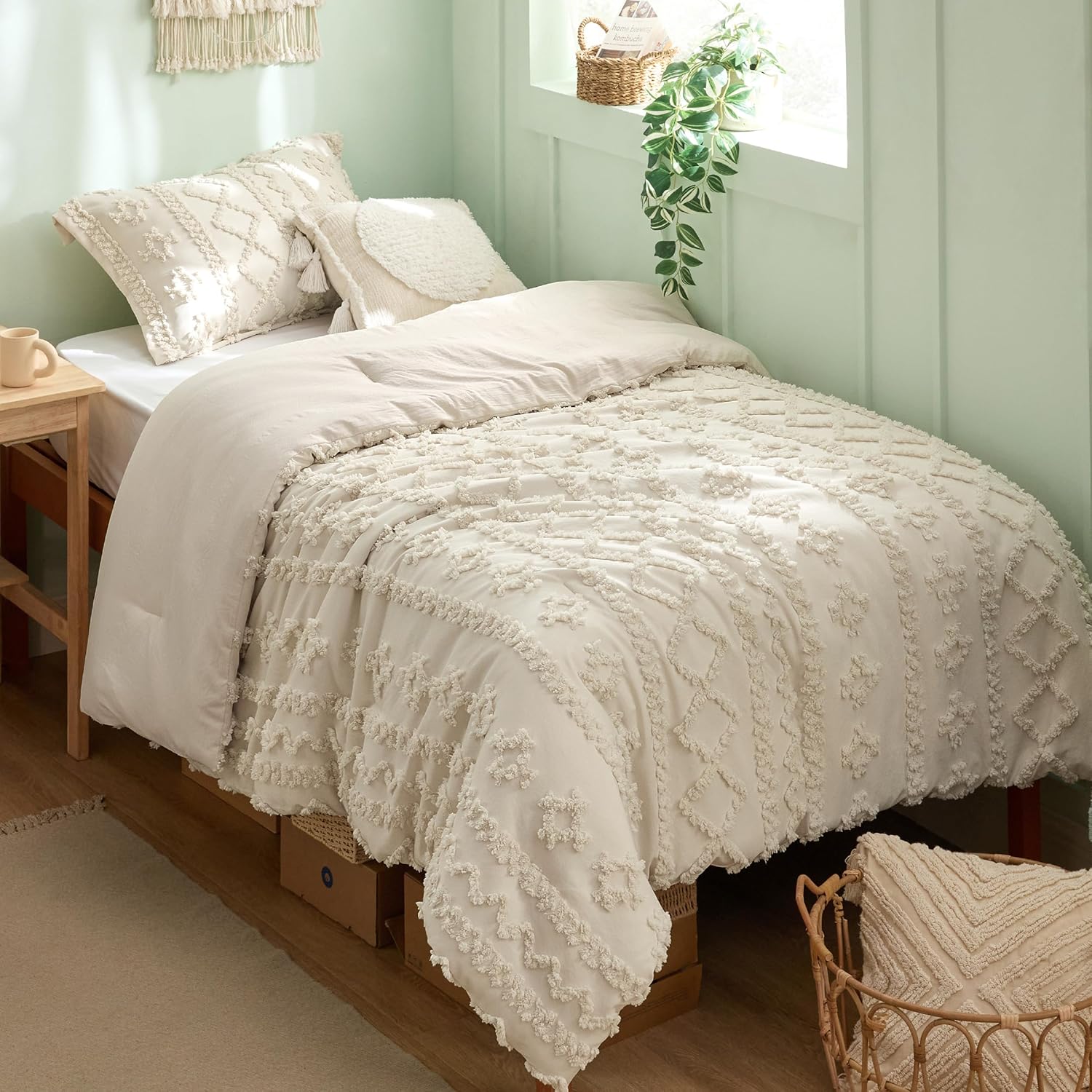 Bedsure Tufted Boho Comforter Set Twin Size - Beige Boho Bed Set, GentleSoft™ 2...