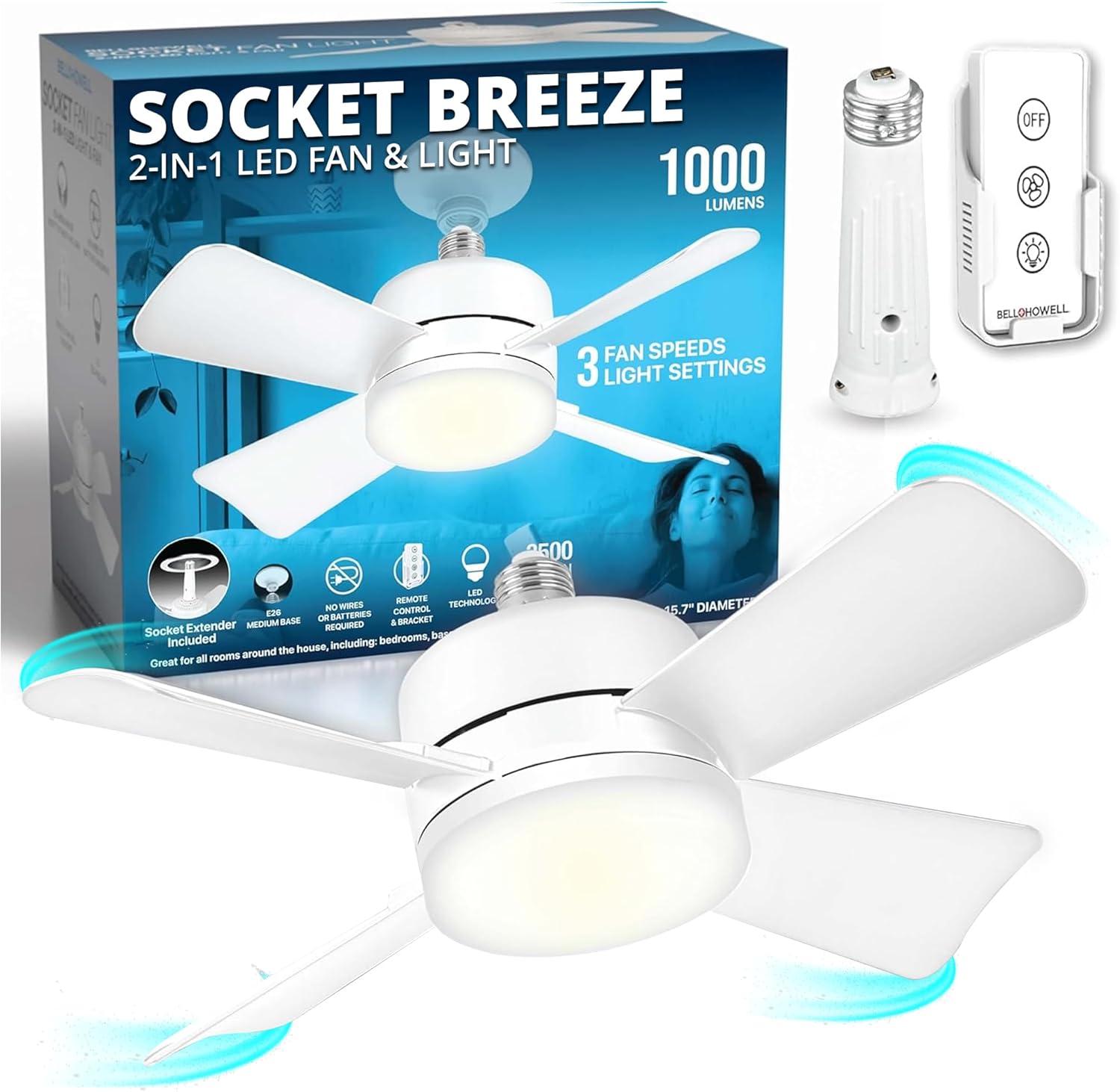 Bell+Howell Socket Breeze Socket Fan Light with Re...
