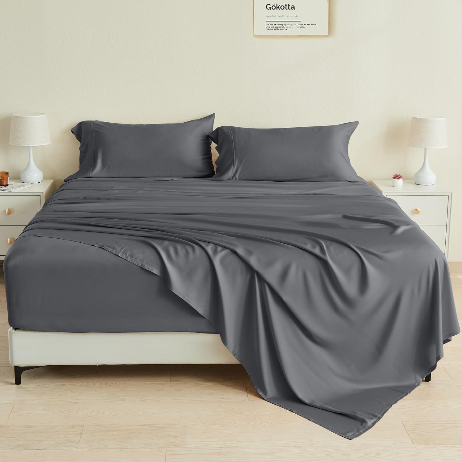 High-Quality GOKOTTA King Size Sheets Set, Unique Bamboo Derived Bed Sheets, Sof...