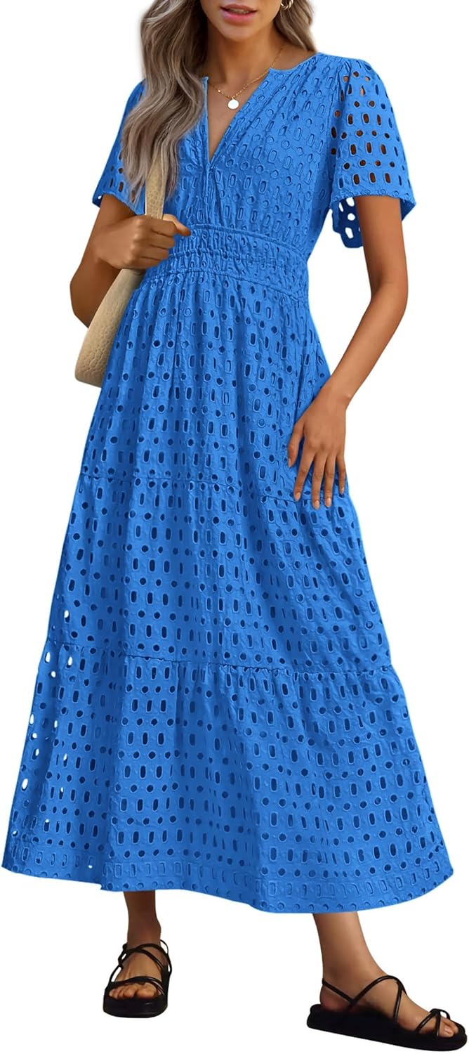 PRETTYGARDEN Womens 2025 Summer Maxi Dress Short Sleeve V Neck Hollow Out Eyelet...
