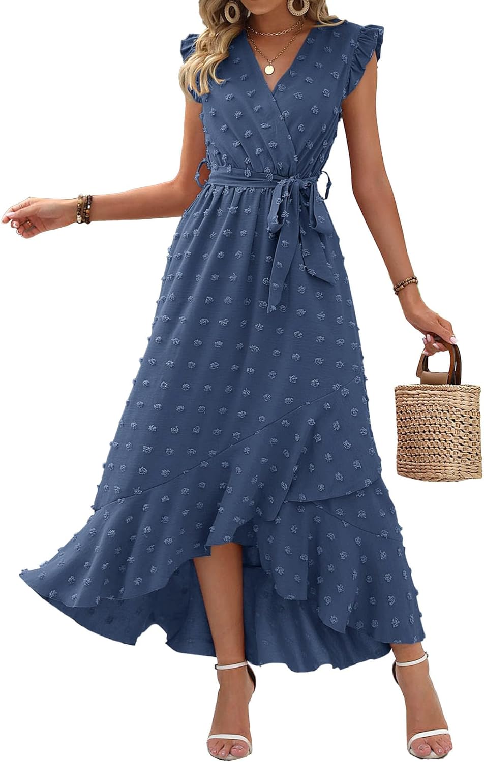 BTFBM Women V Neck Summer Dress 2025 Cap Sleeve Swiss Dot Boho Flowy Ruffle Slit...