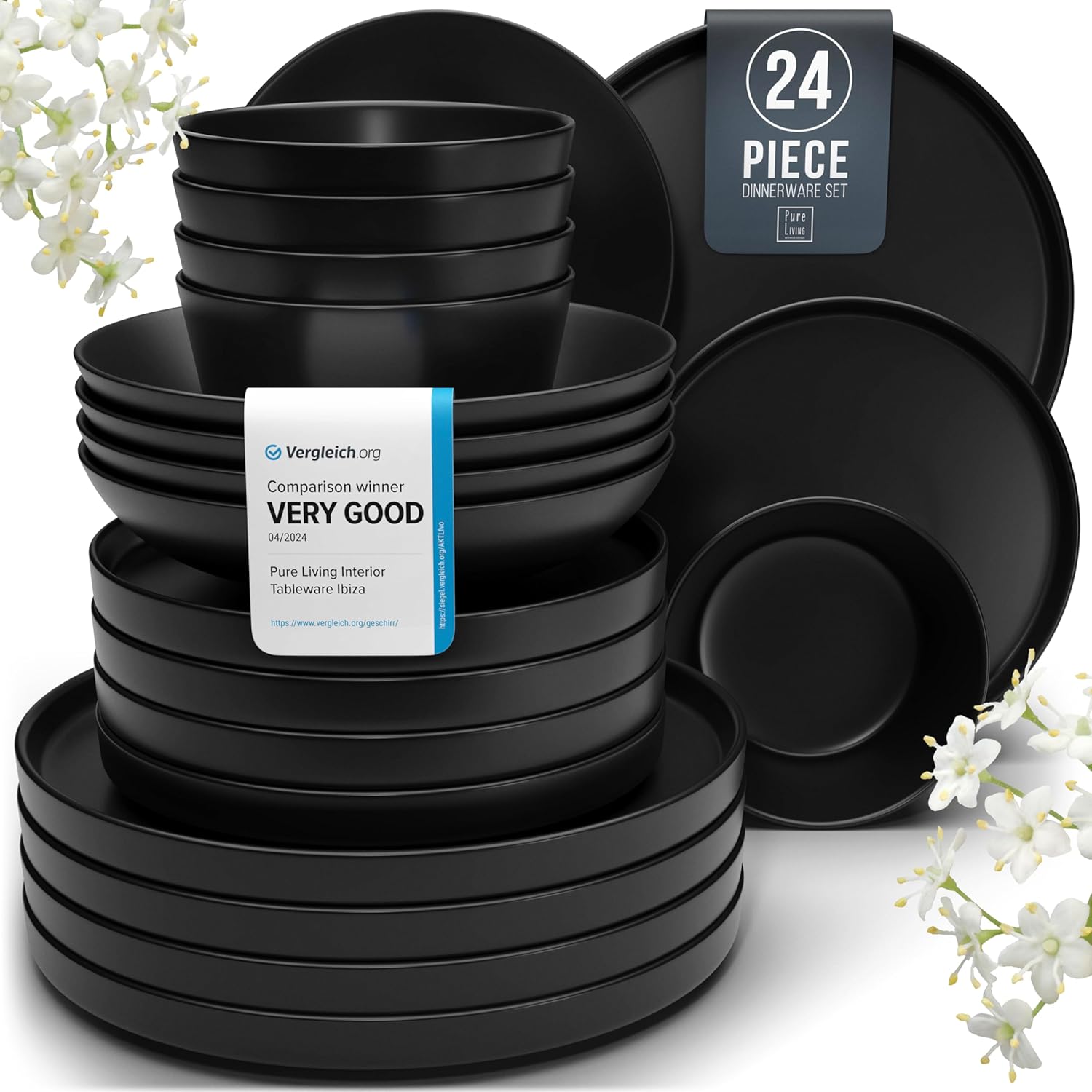 Unique Black Dinner Sets, Stylish 24 Piece Urban Style Stoneware Dinner Set for...
