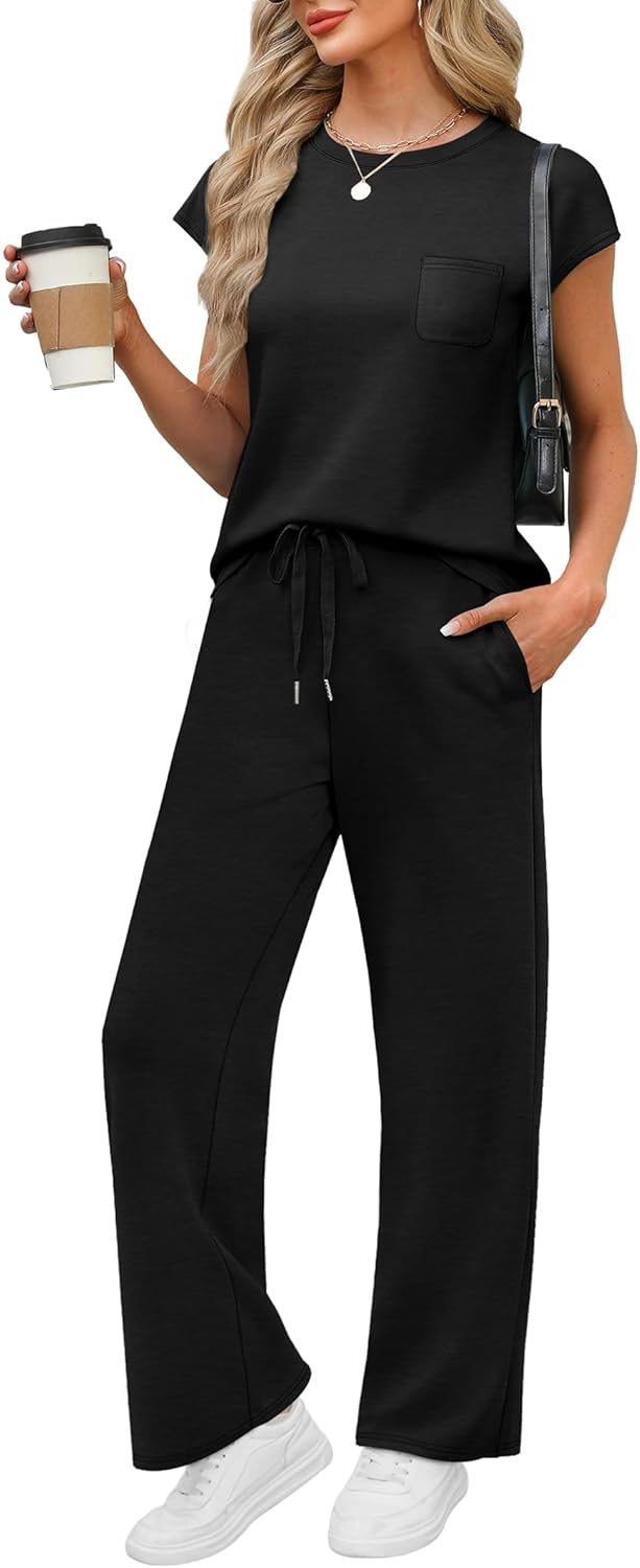WIHOLL 2 Piece Sets for Women Casual Summer Travel Vacation Outfits Cap Sleeve L...