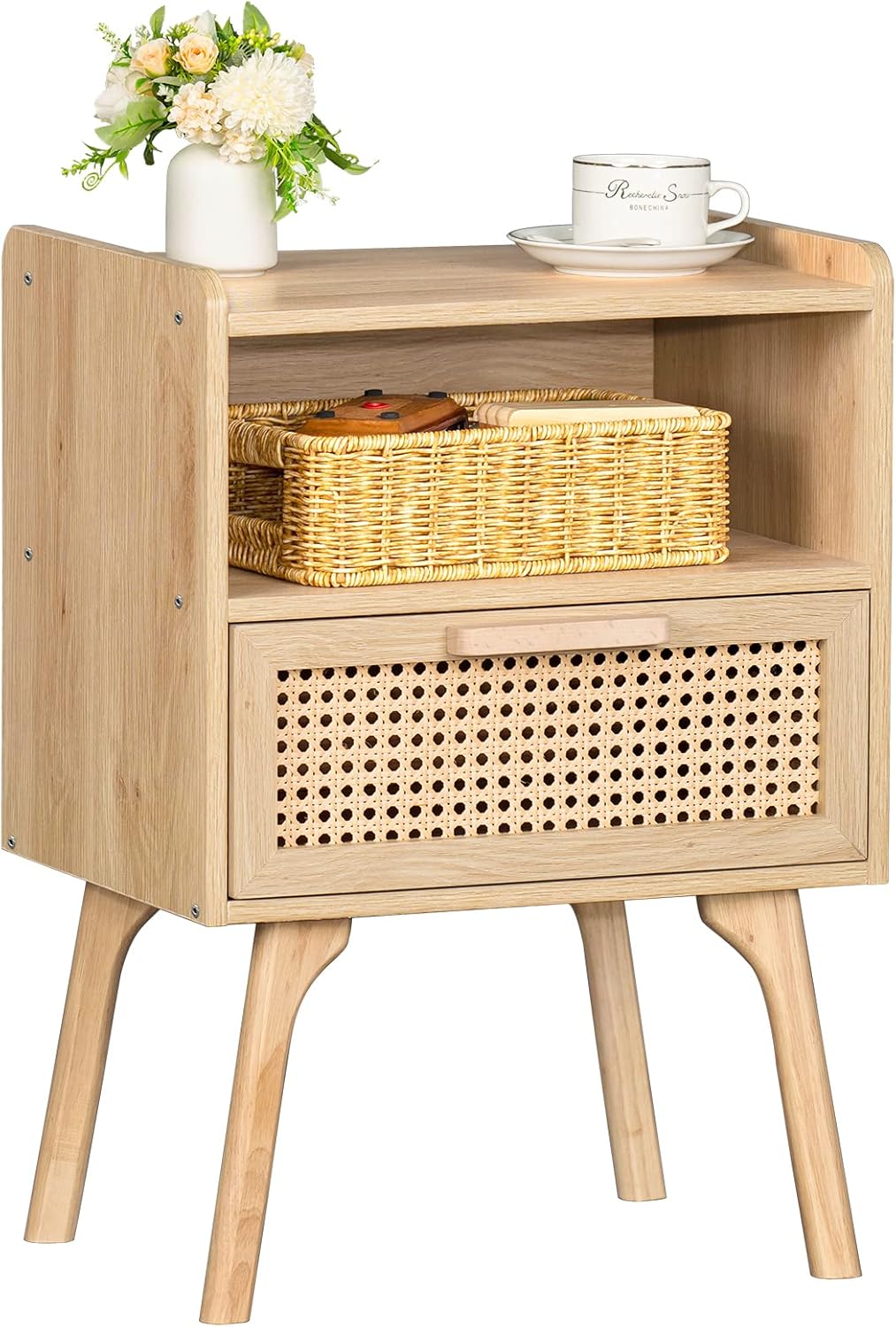 Lerliuo Rattan Nightstand, Boho Side Table with Drawer Open Shelf, Cane Accent B...