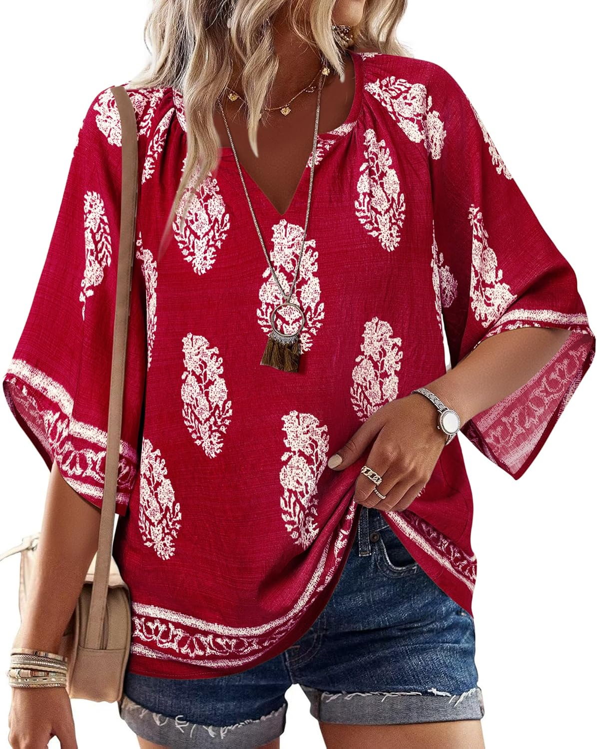 Elegant Bebonnie Womens Tunic Tops, Special Peasant Blouse With 3/4 Sleeve V Nec...