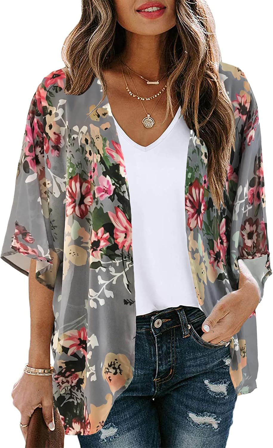 Women's Floral Print Kimono, Special Puff Sleeve Cardigan for Unique Style, High...