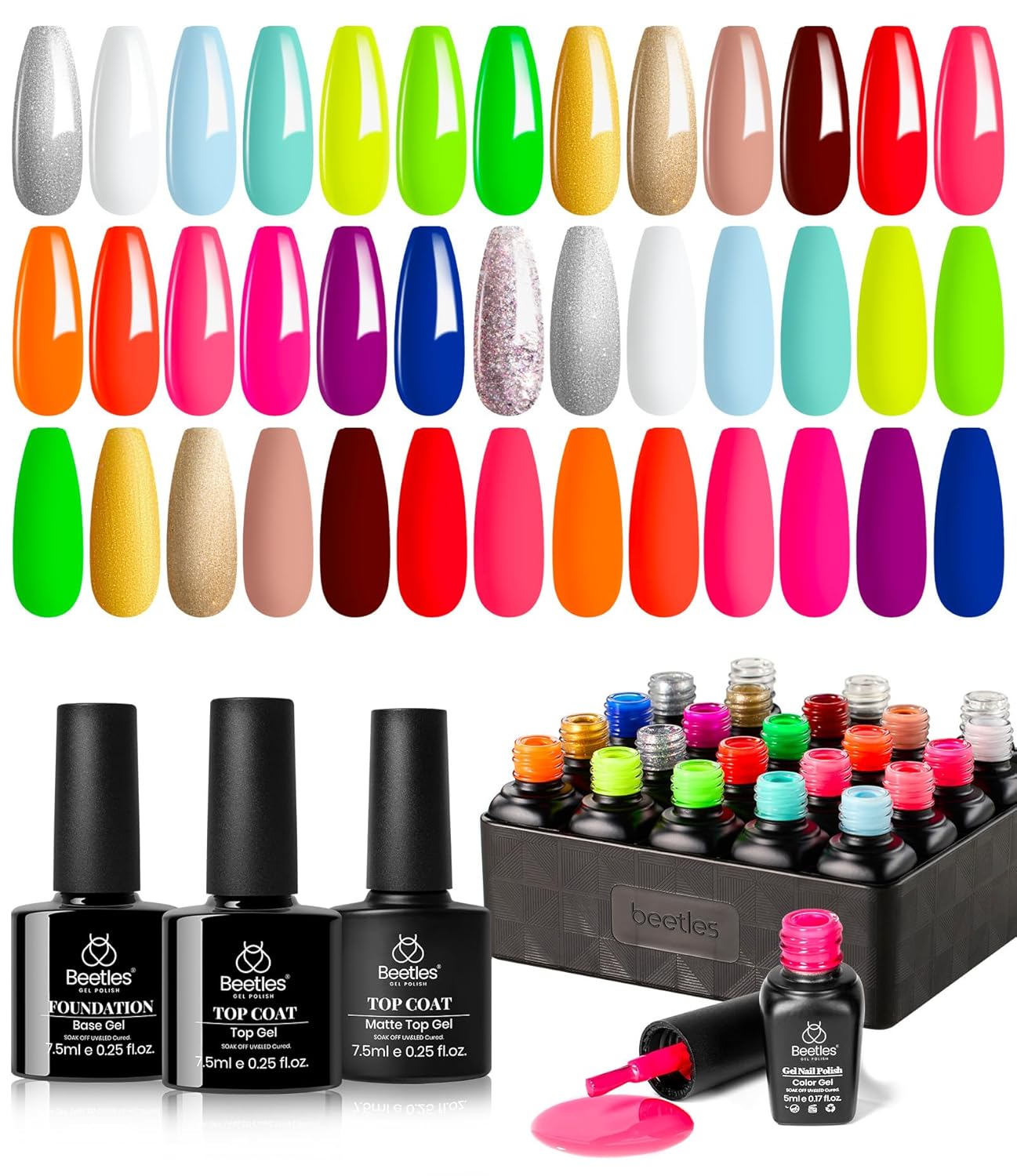 beetles Gel Polish Set, Neon Kit 20 Colors Gel Nail Polish with 3Pcs Base Gel To...
