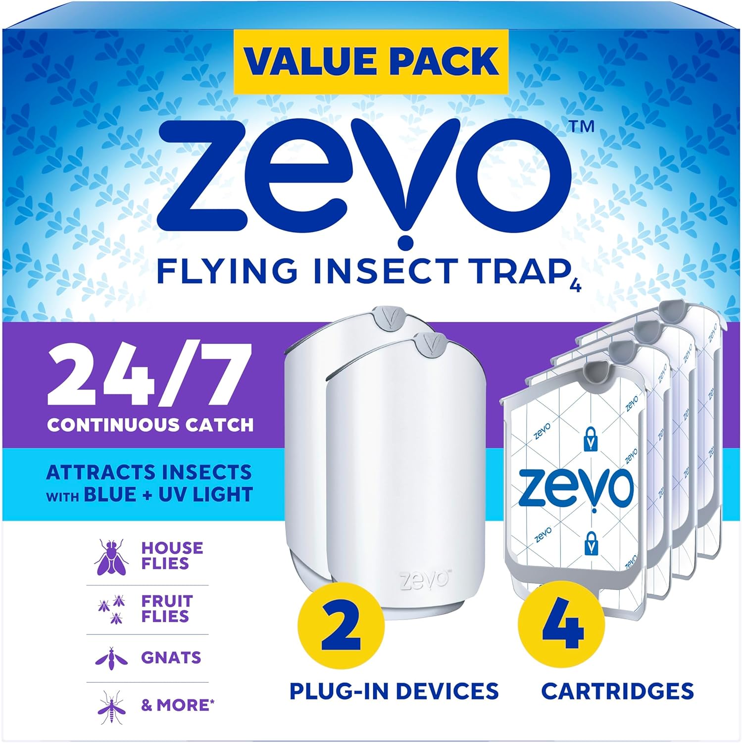 Zevo 2 Flying Insect Traps & 4 Cartridges - Plug In Fly Trap & Indoor Bug Catche...