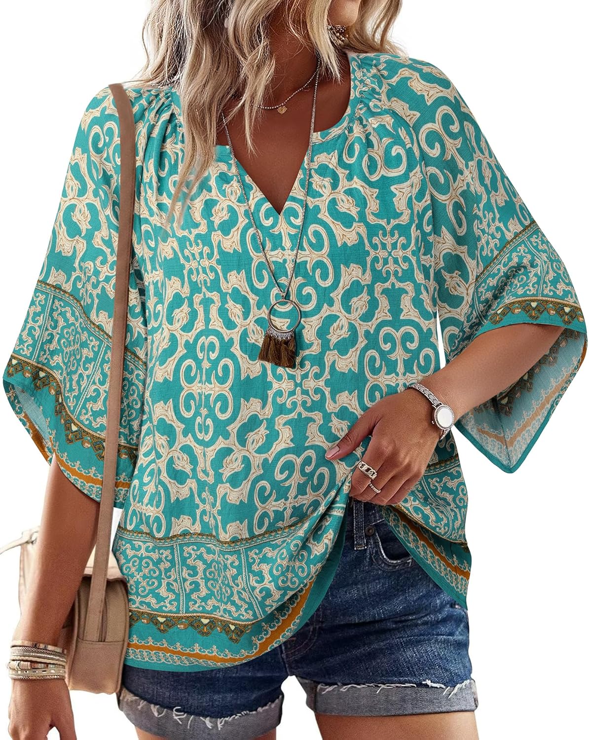 Bebonnie Women's Tunic Tops, Special 3/4 Sleeve V Neck Blouses, Innovative Bohem...