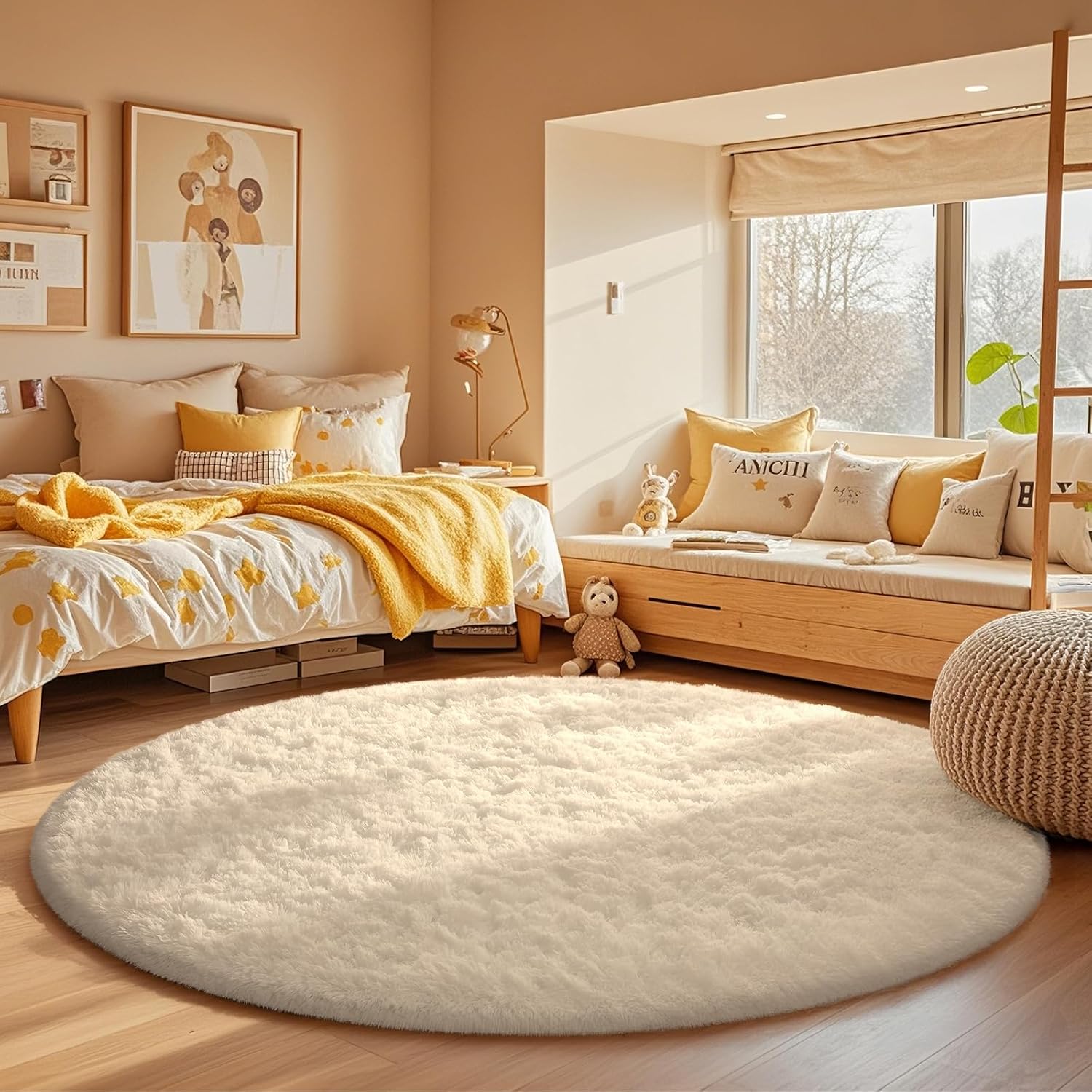 Premium Ophanie Round Rugs, Affordable Ivory Circle Area Rug, Aesthetic Room Dec...
