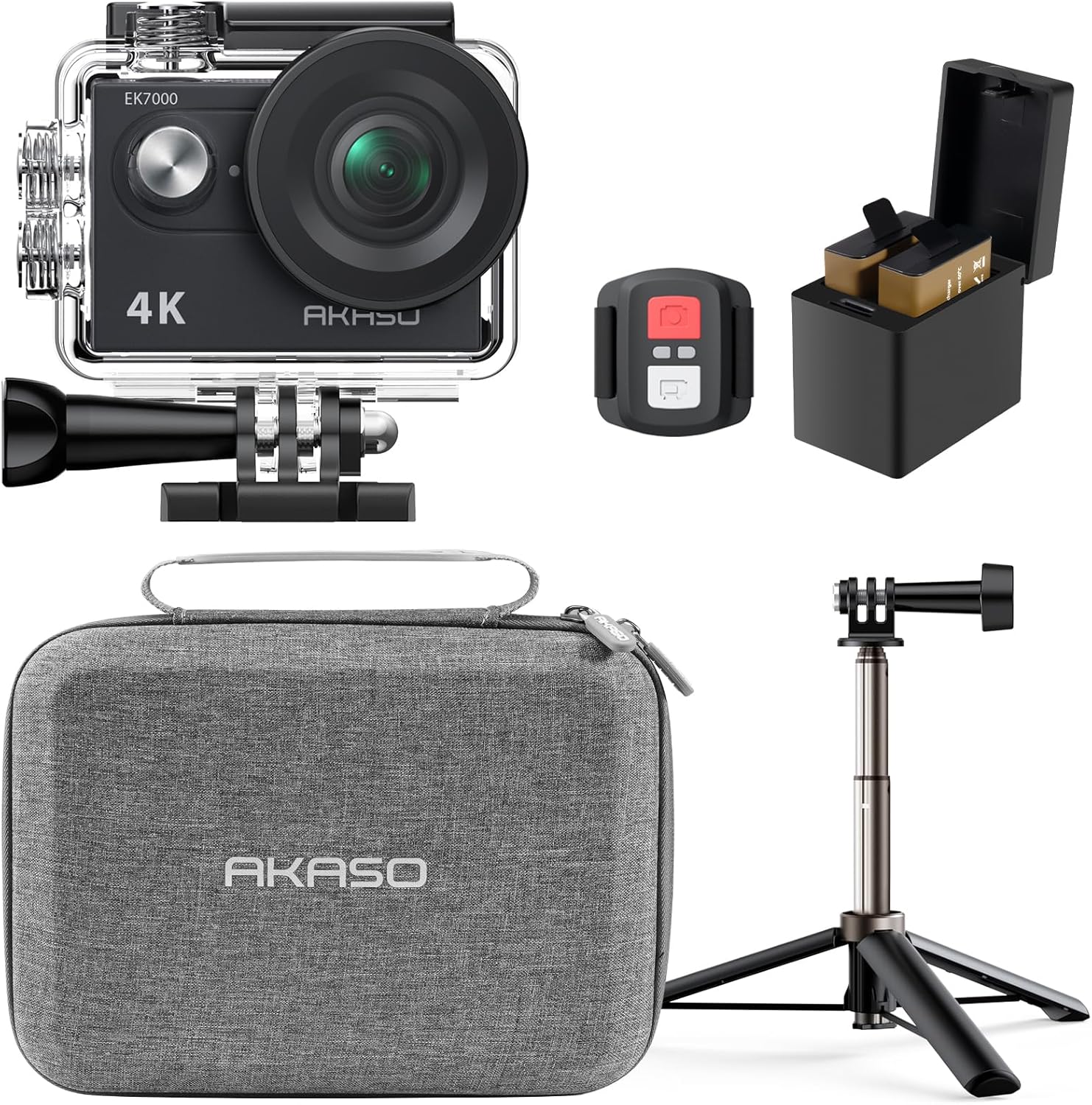 AKASO EK7000 Action Camera Selfie Stick Bundle - Includes 4K30FPS EK7000 Underwa...