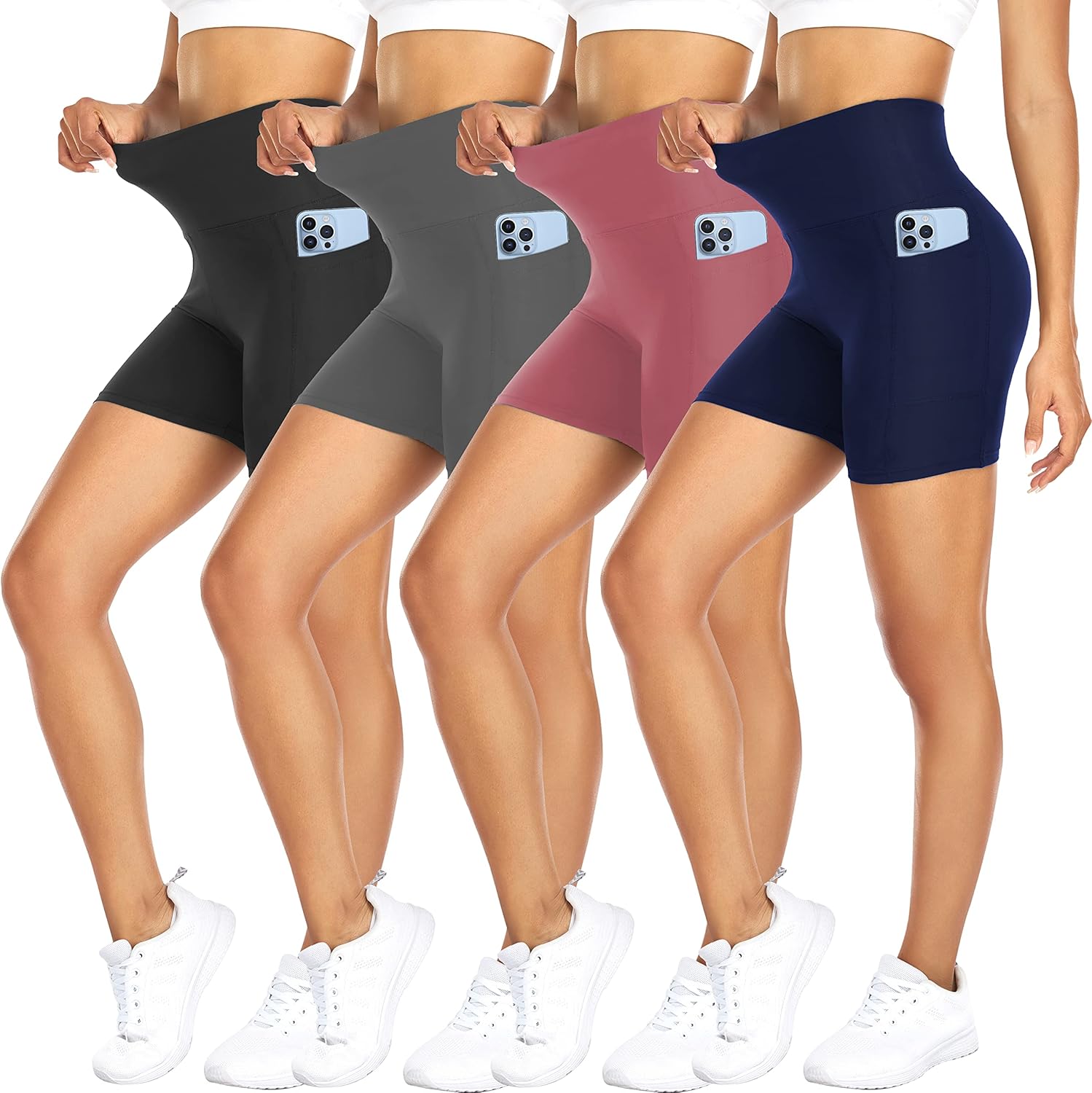 FULLSOFT 4 Pack Biker Shorts for Women with Pockets – 5" High Waisted Tummy Cont...