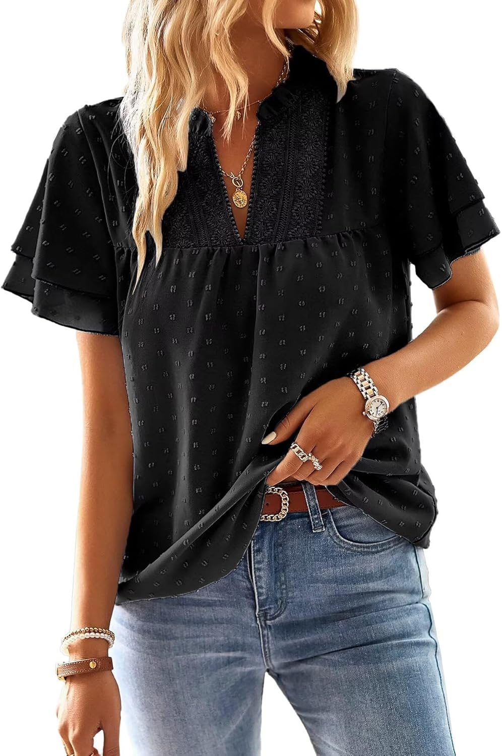 Women's Tops, Unique Butterfly Sleeve V Neck Blouses for Women, Special Dressy C...
