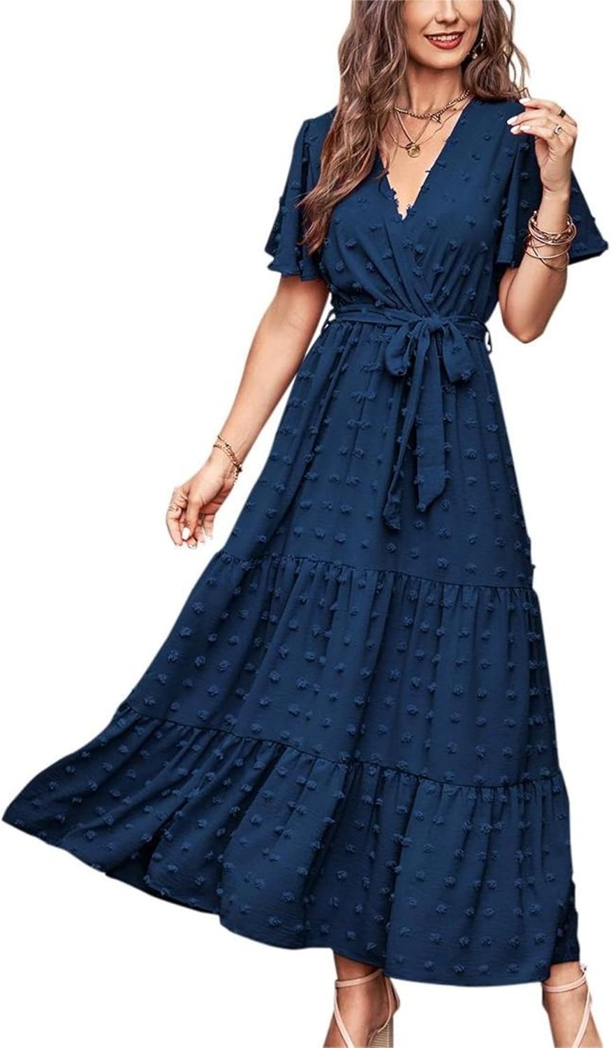 MASCOMODA Womens Summer Swiss Dot Maxi Dressses Wrap V Neck Flutter Short Sleeve...