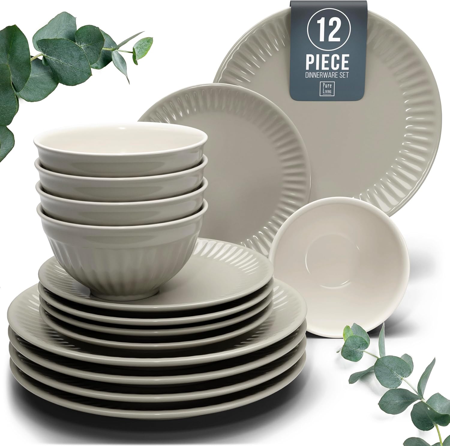 12-Piece Dinnerware Set Hygge Series - Bowl and Plate Set - Stoneware Dining Set...