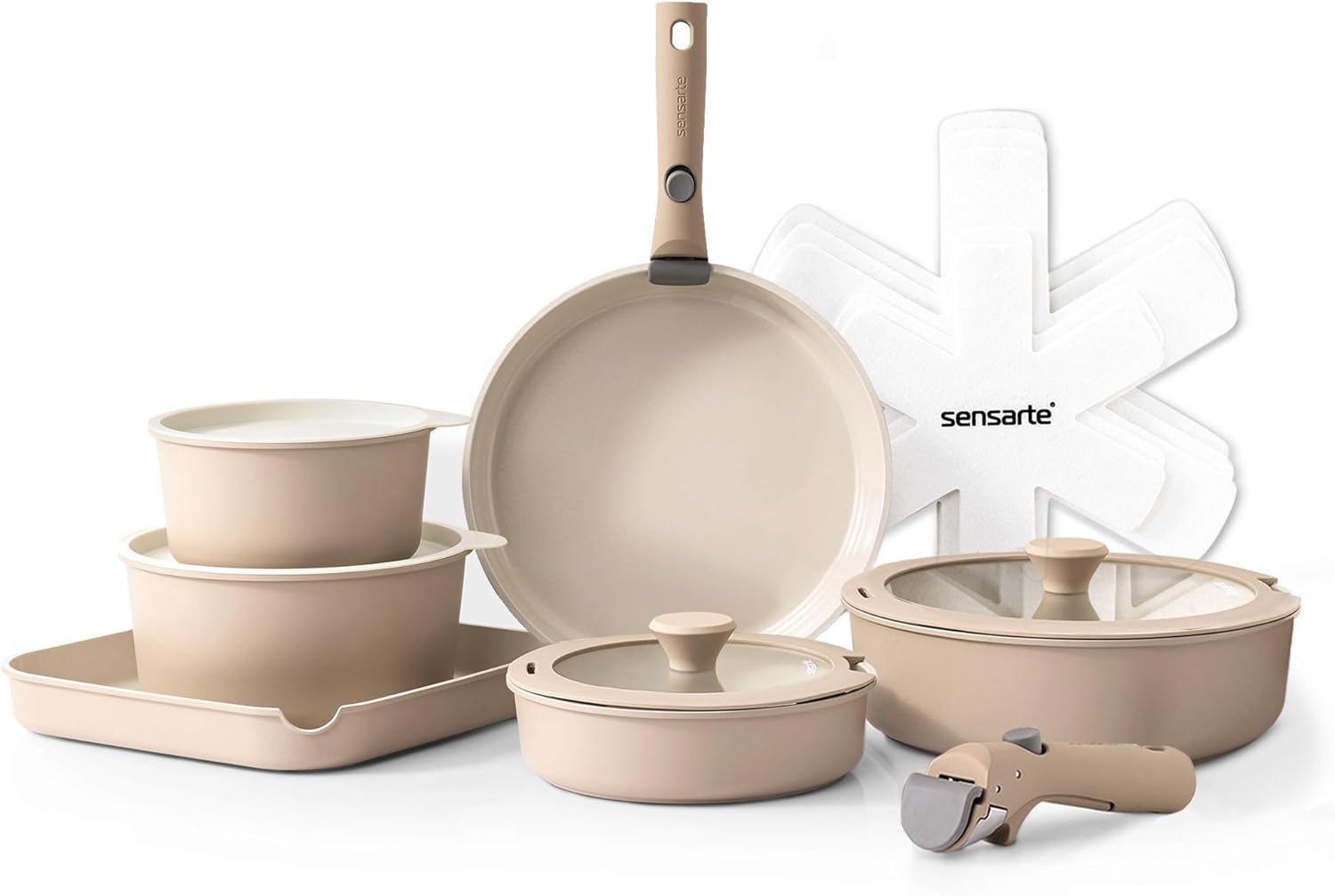 SENSARTE 17 Piece Ceramic Cookware Set, Special Nonstick Detachable Handle Cookw...