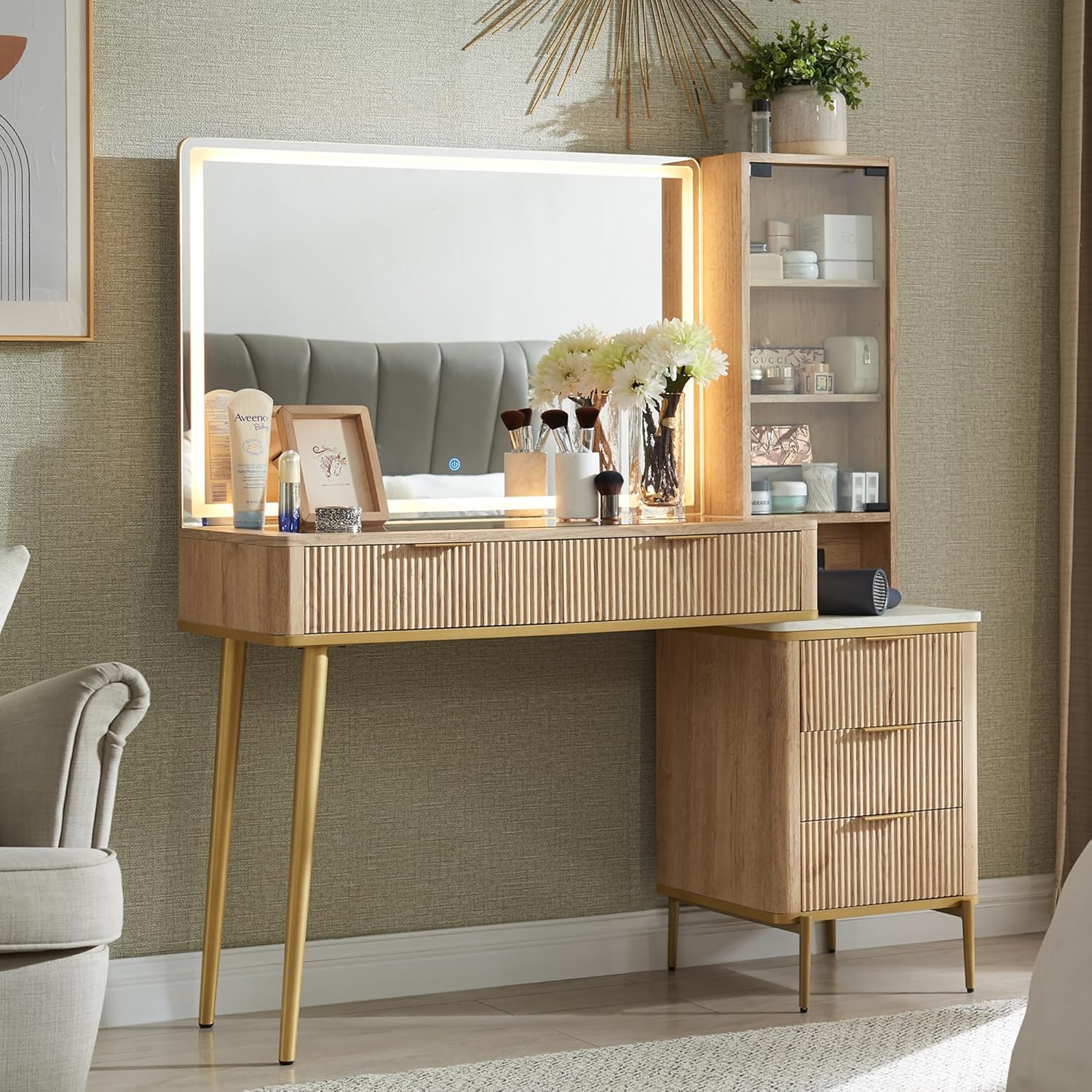 T4TREAM Fluted Makeup Vanity Desk with 36" HD Lighted Mirror, 48" Big Modern Van...